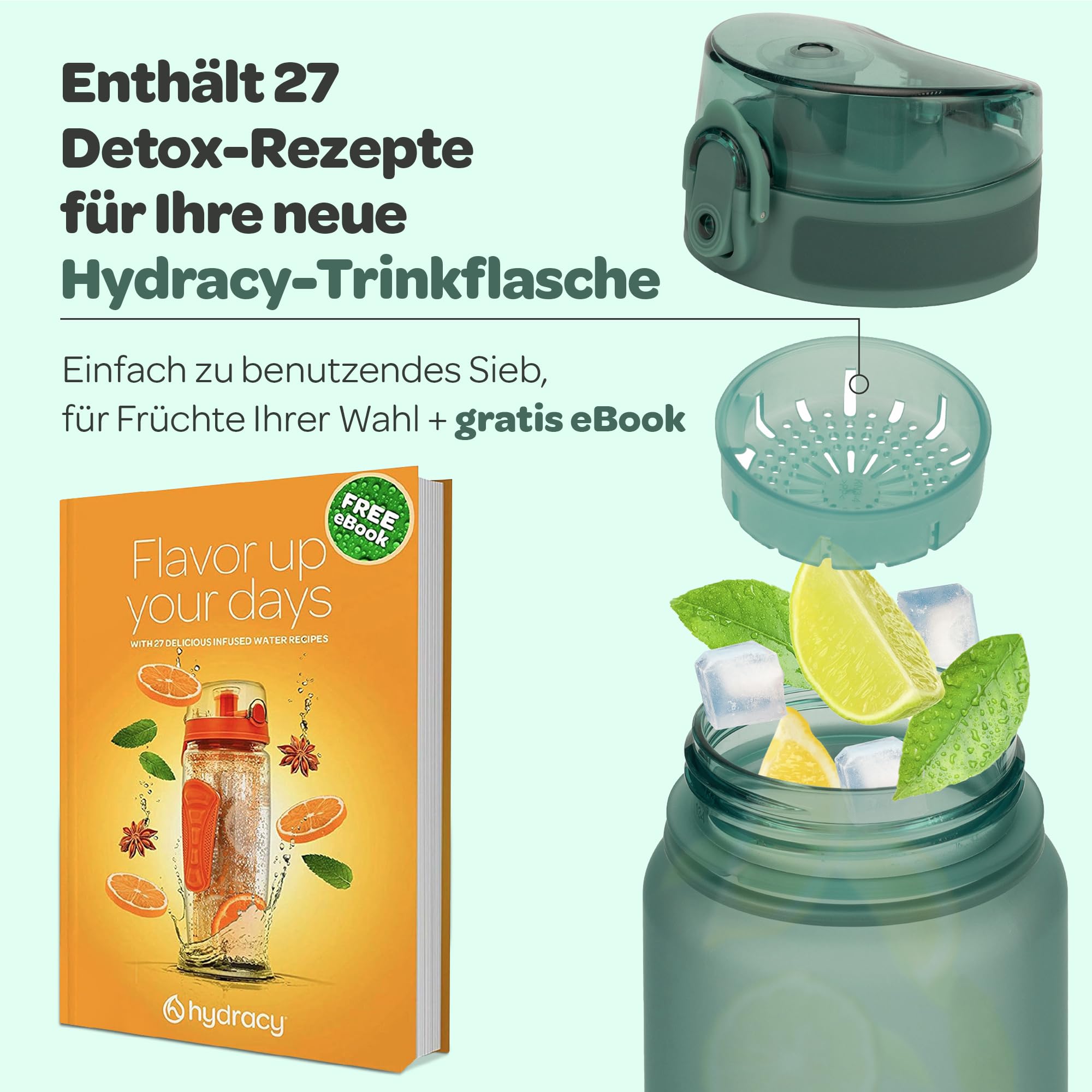 Hydracy Trinkflasche mit Fruchteinsatz - 1L Wasserflasche - BPA-freie Trinkflasche mit Zeitmarkierung Auslaufsichere Sportflasche - Kondensationsfrei für Sport und Outdoor
