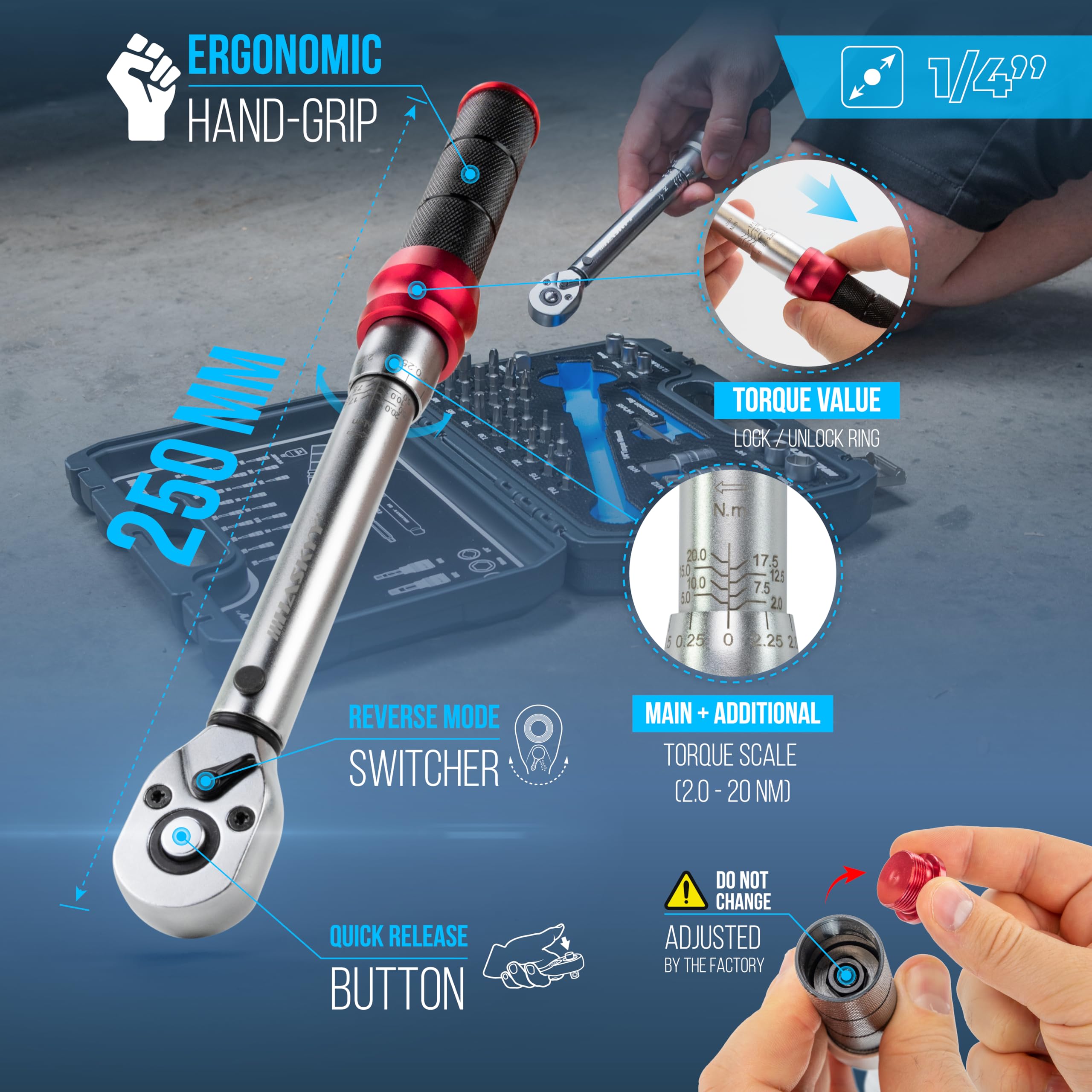 HASKYY Juego de llaves dinamométricas para bicicleta, 1/4", 2,5-20 Nm, con muchos accesorios como barra de extensión, puntas, insertos de tuerca, adaptador