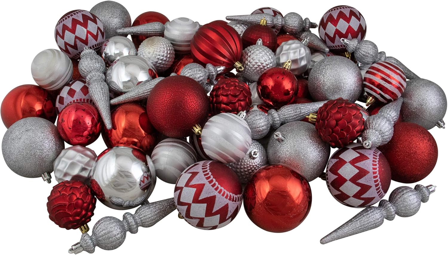 Shatterproof 3-Finish Christmas Ball and Finial Ornaments - Red and Silver - 75ct