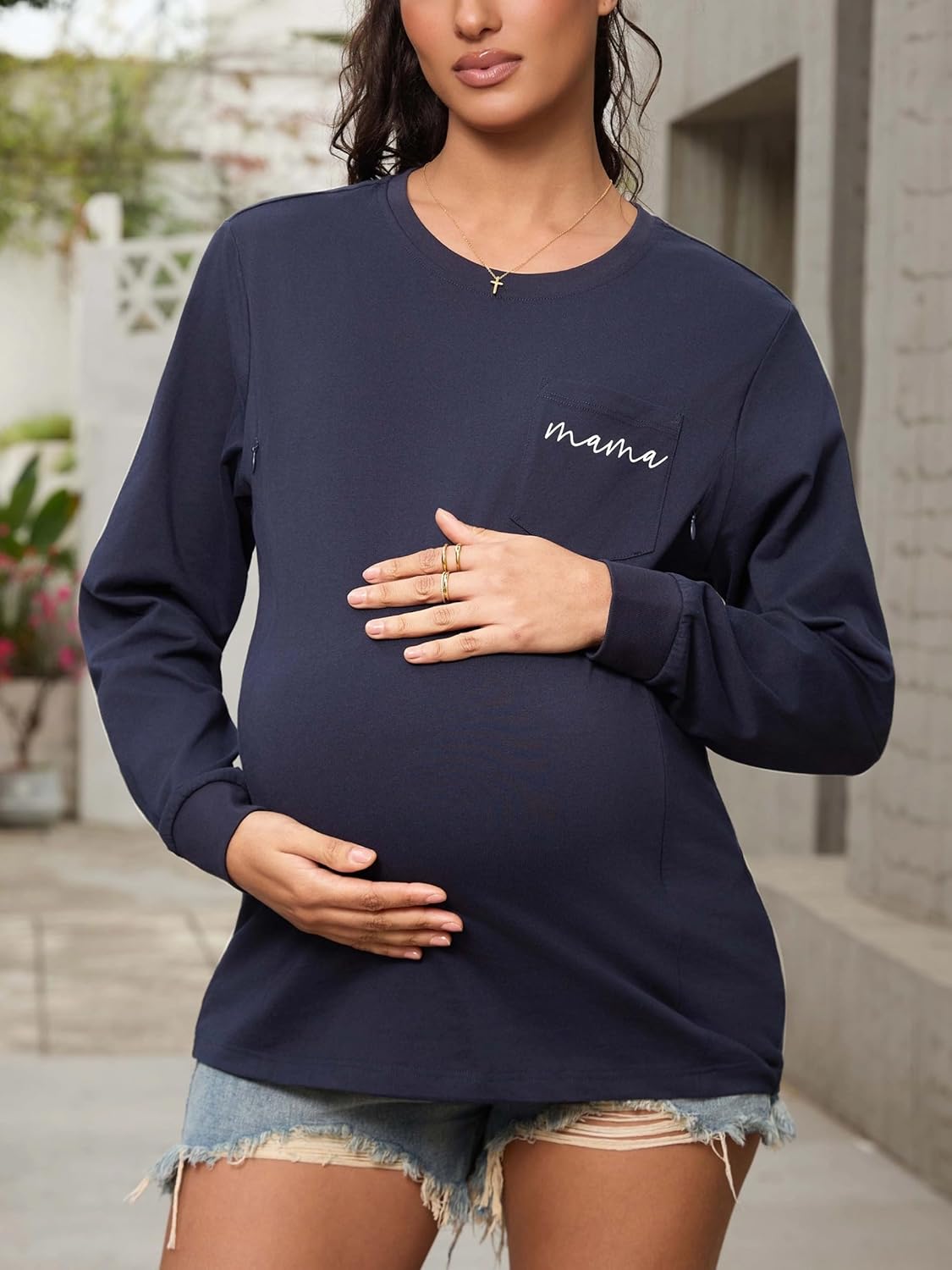 Women's Nursing Shirt Breastfeeding Maternity Tops Zipper Long Sleeves Nursing Clothes with Pocket