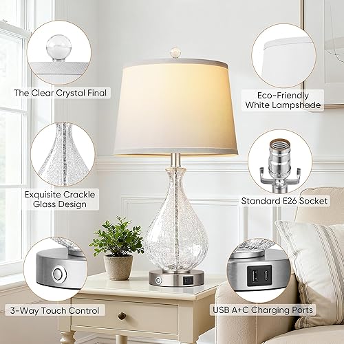 Miniatura 4 de QiMH Juego de 2 lámparas de mesa de cristal para sala de estar, lámparas de noche con puertos de carga USB A+C, lámparas táctiles regulables de 3