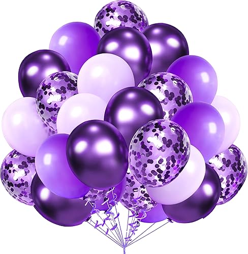 AULE Globos de látex morado metálico y lila de alta calidad, paquete de 60 globos de 12 pulgadas y confeti morado con cintas moradas, juego para