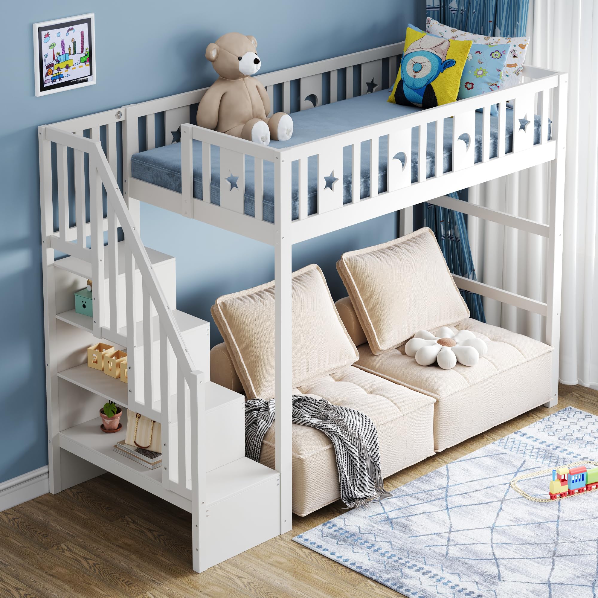 Etagenbett für Kinder mit Treppe,Hochbett aus Massivholz mit Sicherheitsgeländer, Stern- und Monddekoration (Weiß, 90 * 200)