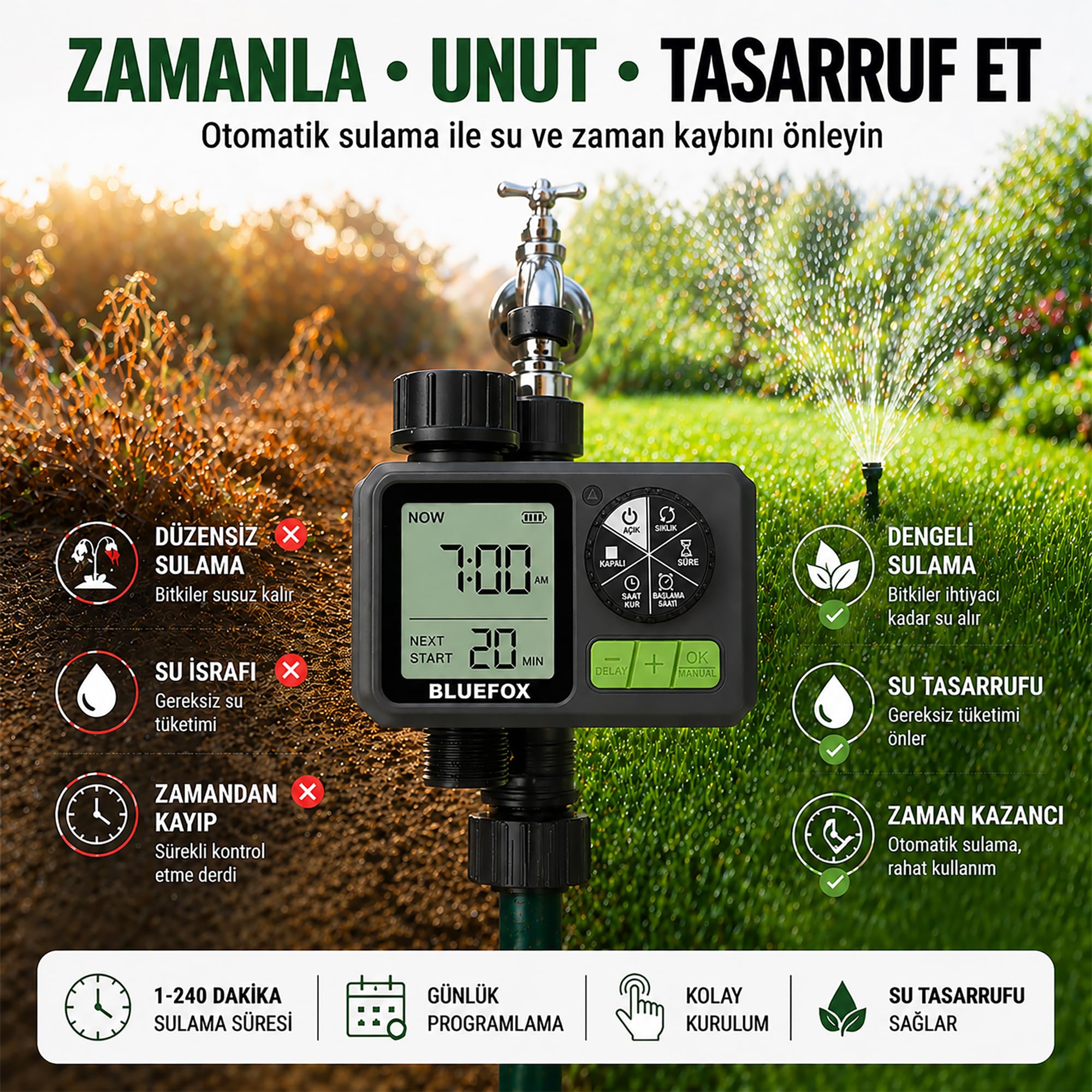 Bluefox Dijital Sulama Zamanlayıcı – Programlanabilir Bahçe Sulama Cihazı, Otomatik Hortum & Musluk Tipi Timer, LCD Ekran, Manuel Mod + Rain Delay, 3/4 Bağlantı, Pilli Dış Mekan Sulama Kontrol Cihazı
