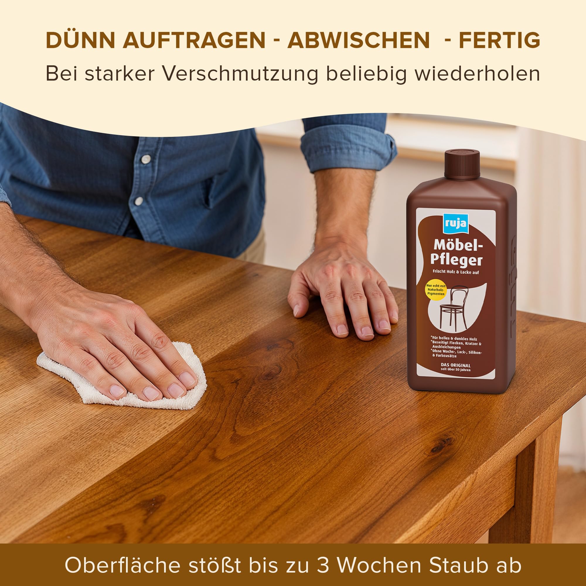 ruja Möbelpolitur - 100m² - beseitigt Kratzer, Wasserflecken & Vergilbung, 2-in-1 Holzreiniger & Holzpflege - Möbelöl farblos, für dunkel & helles Holz - Holzpflegeöl für Esstisch, Möbel & mehr