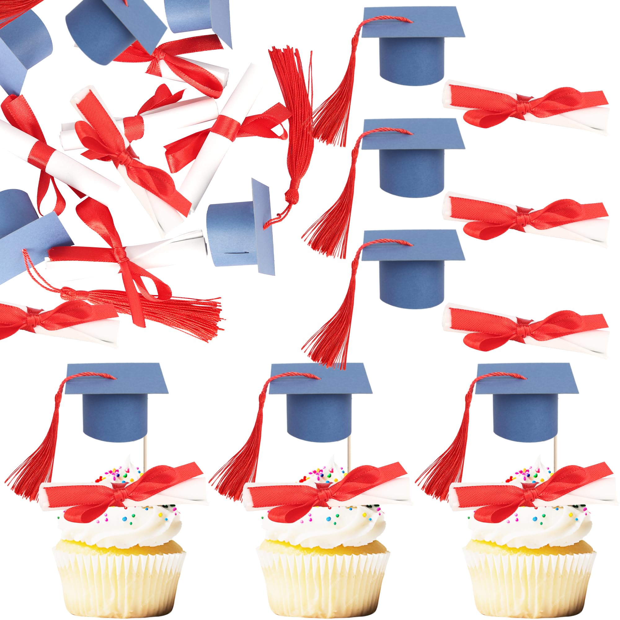 Xsstarmi 24 Pack Congrats Grad Cupcake Toppers Diploma Done Grad Cap Cupcake Picks Class of 2026 Graduation Cupcake Decorations for Prom 2026 Graduation Theme Party Cake Decorations Blue Red