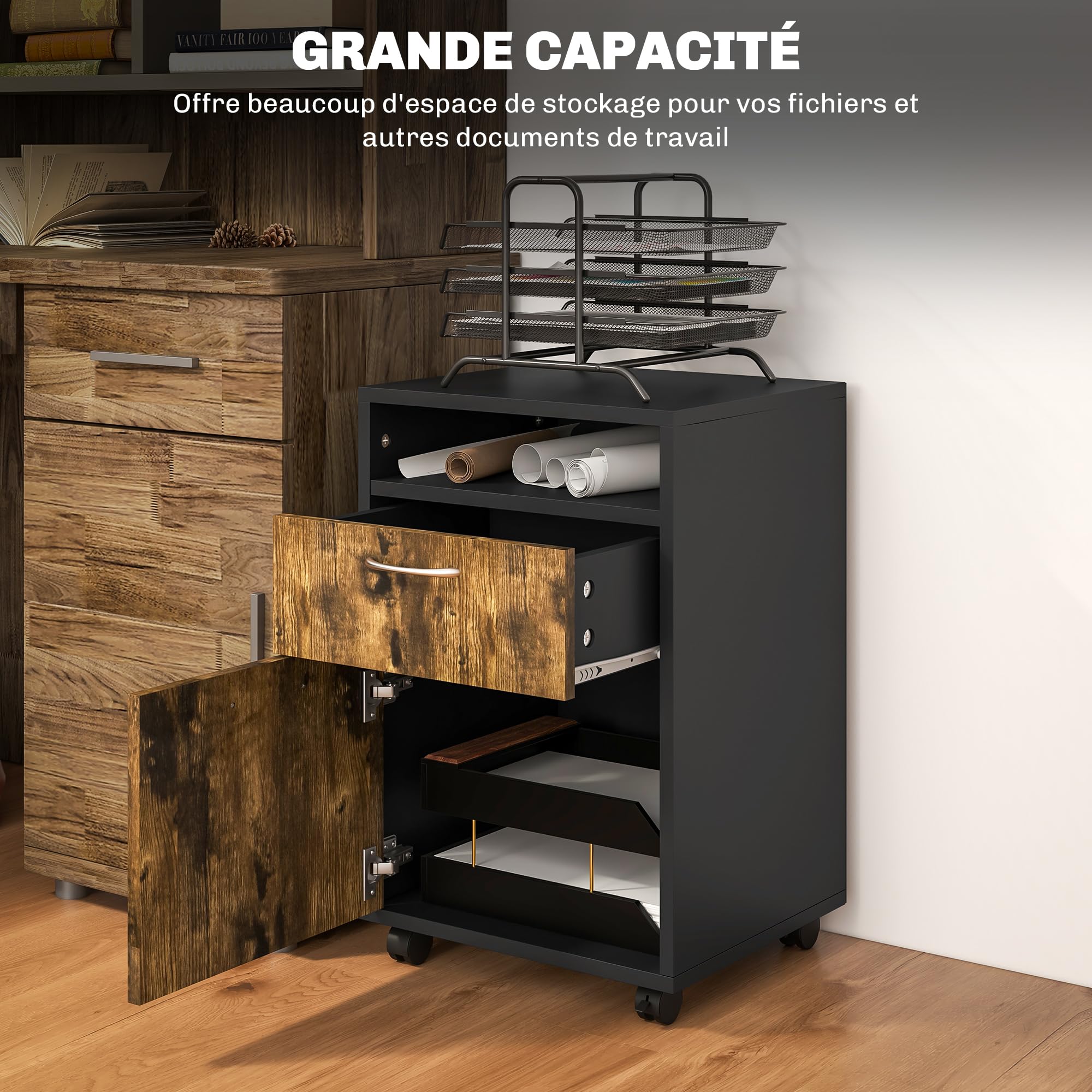 HOMCOM Caisson de bureau rangement bureau sur roulettes tiroir placard niche panneaux particules brun rustique