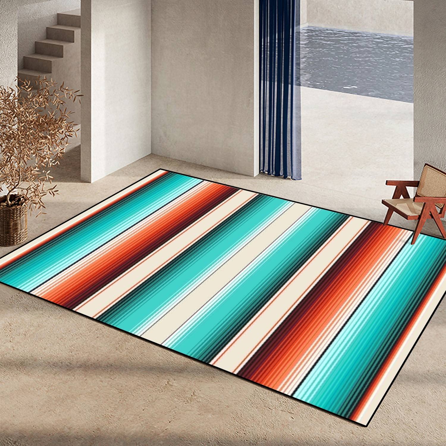 Area Rug Non-Slip Floor Mat Navajo White Turquoise Orange Mexican Blanket Serape Stripes Seamless Indoor Outdoor Living Room Kids Room Bedroom Carpet Runner Rug Home Decor Doormat Yoga Mat Patio Mat