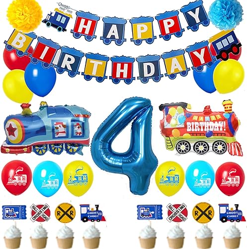 Miniatura 8 de Tren - Decoraciones de primer cumpleaños para niños, suministros de fiesta de cumpleaños de 1 año con globos de aluminio número 1, globos de látex,