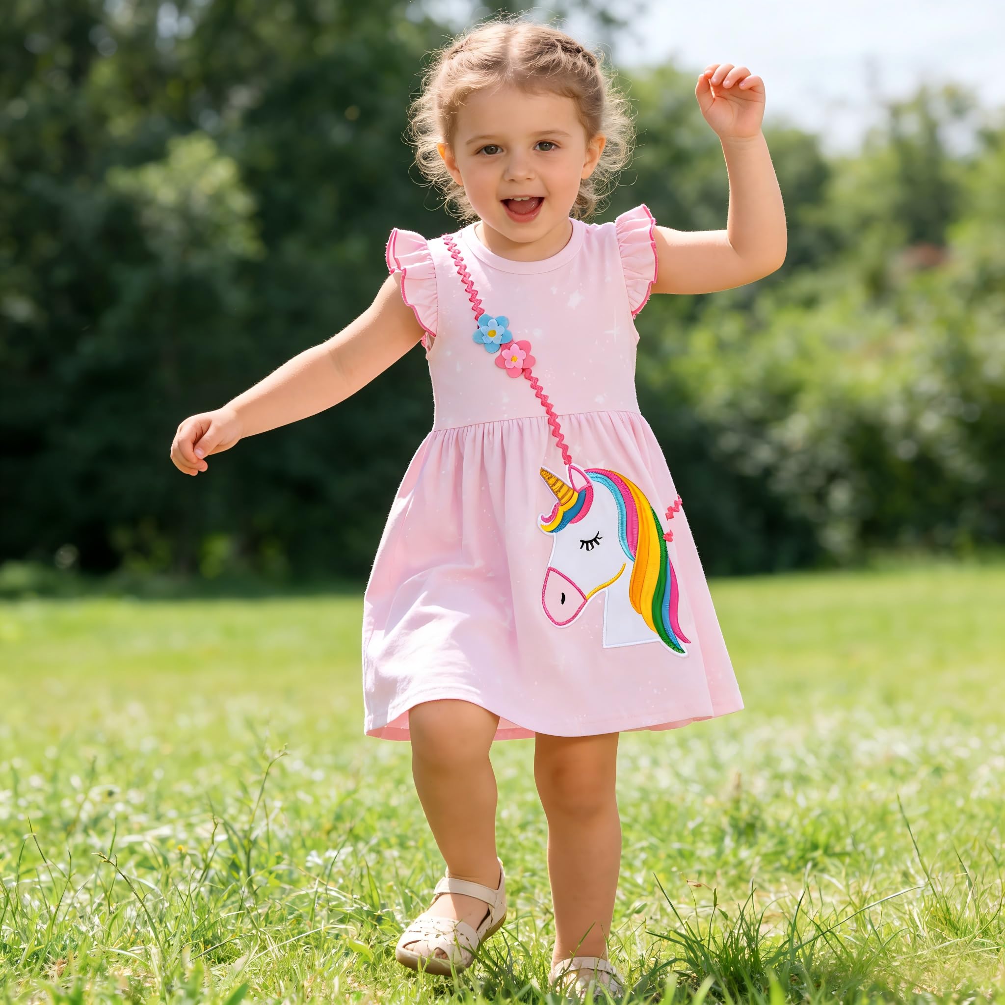 Vestido Niña Unicornio Manga Algodón Flores Verano Casual 2-8 Años