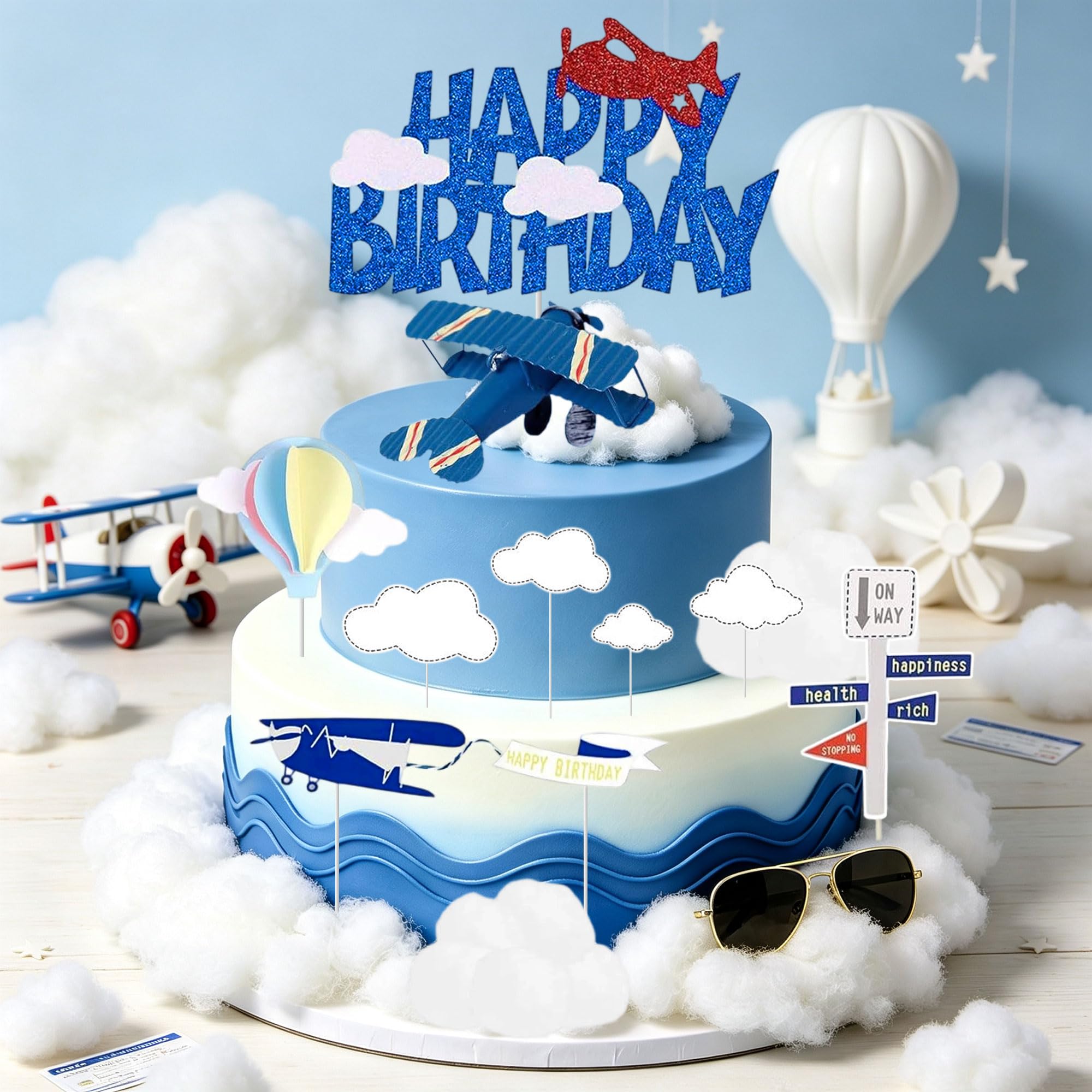 Airplane Cake Topper Decorations Sunglasses Blue White Cloud Cake Toppers