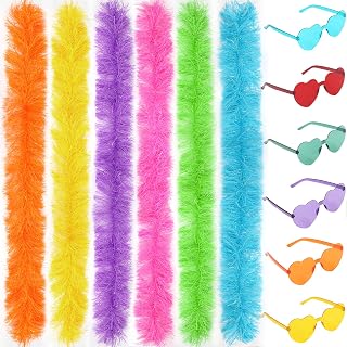 LACGO 6er Federboas mit 6er rahmenlosen Sonnenbrillen, künstliche flauschige Boas Festkleidung für Mädchen Frauen, Multipack Federboas Herz-Sonnenbrillen für Partybevorzugung Karneval Halloween (12er)