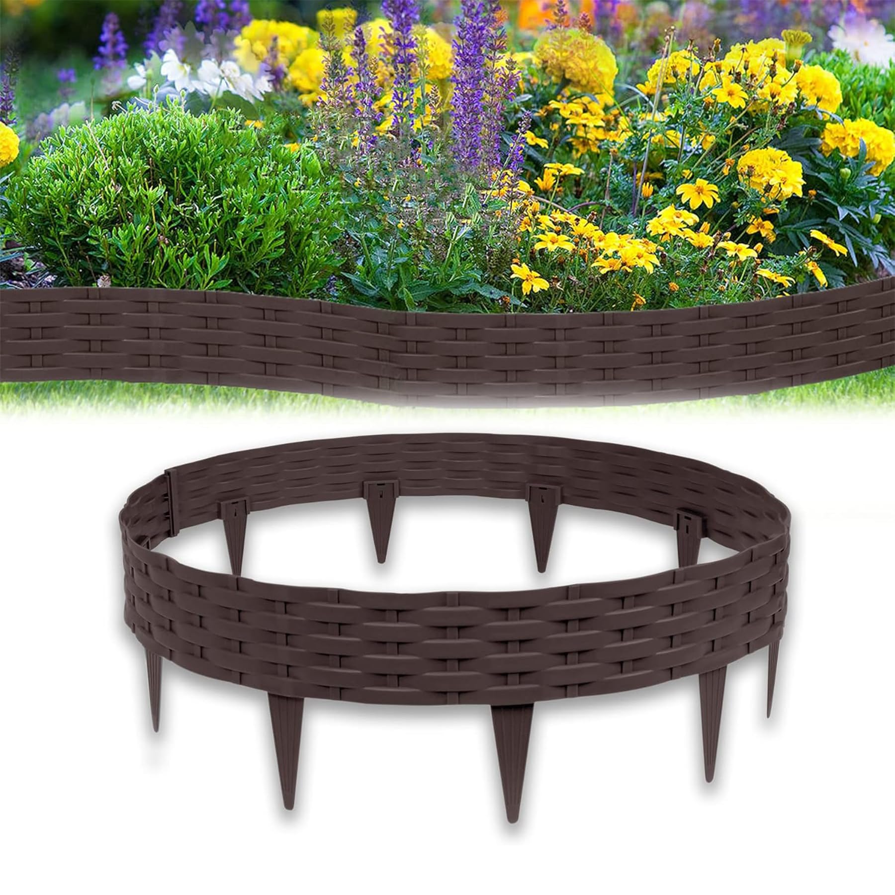 Froadp 100cm Imitación de Ratán Delimitadores de Bordes para Jardín, Borduras de Cama Flexible de Plástico, Bendable Vallas de Césped para Parterres, Empalizadas Bordillos (30 Piezas, Marrón)