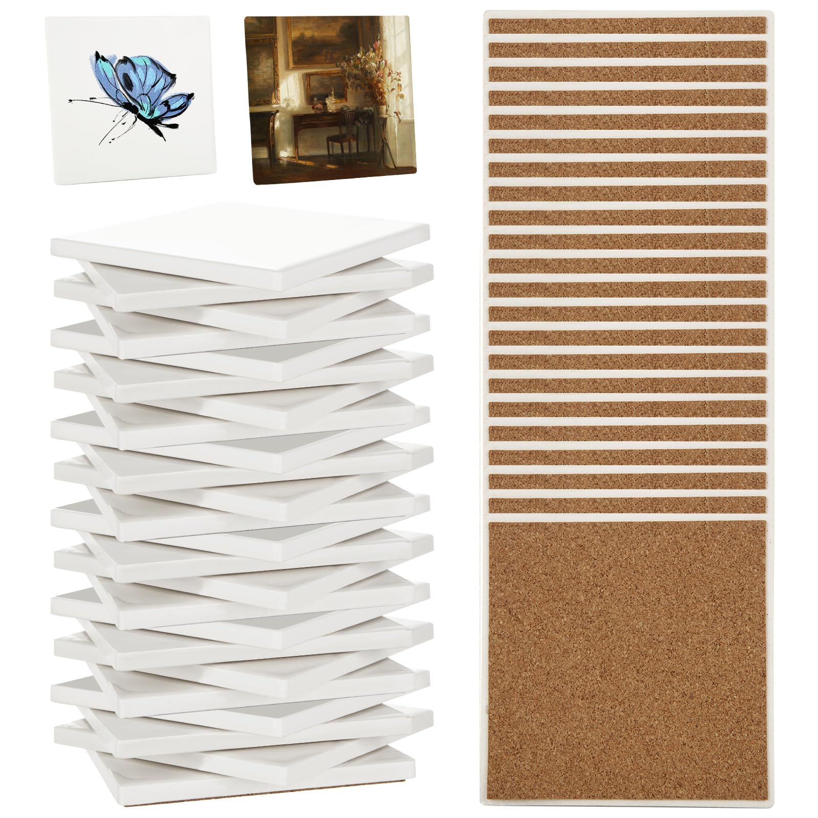 AKOLAFE 25 Sets Sublimation Coasters Blanks with Cork Back Ceramic Tile 4x4 Tiles Ceramic Tiles for Crafts Glossy Glazed Tile Coasters Blanks Ceramics