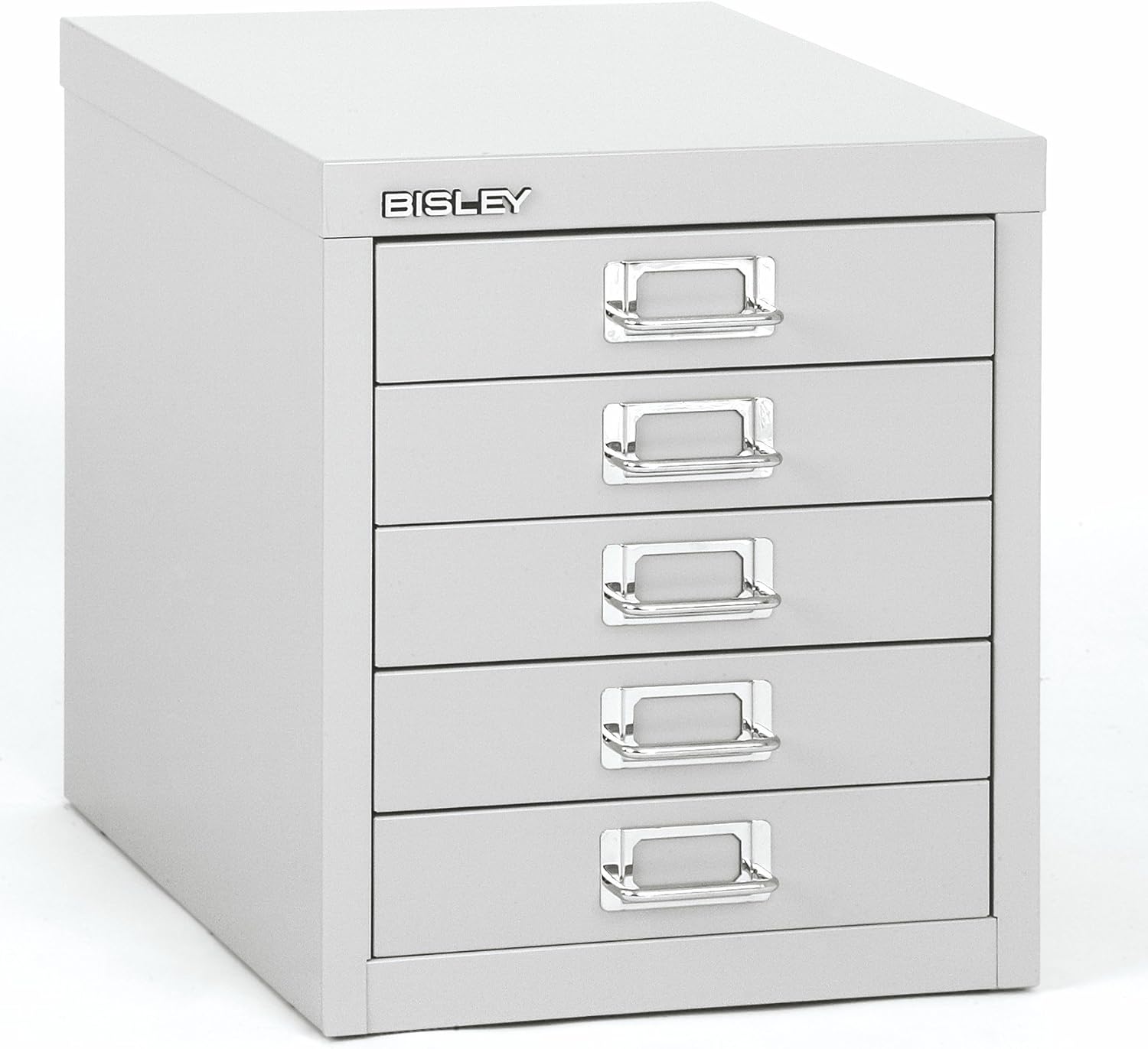 Bisley 5-Drawer Steel MultiDrawer Cabinet - Light Grey, Chrome Pull Handles with Label Holders, Powder-Coated Steel, Removable Drawers, Desktop Storage, Labels Included