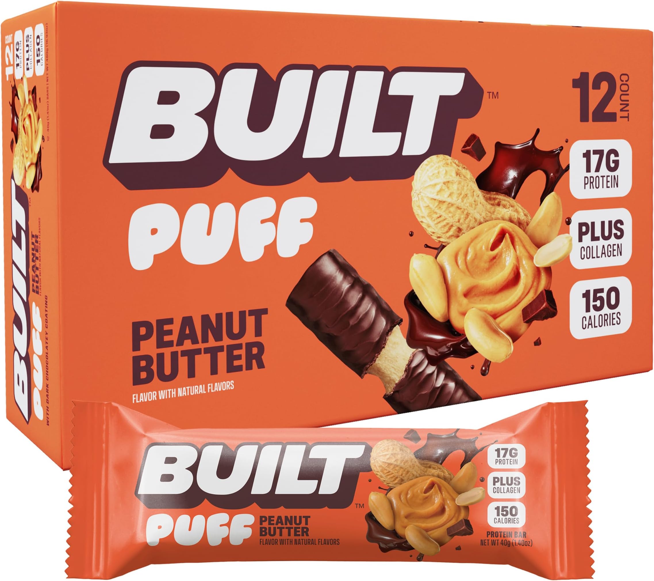 Built Puffs Bars, 12 Count Protein Bar - High Protein Energy Bars, Collagen, Gluten Free, Chocolate Covered, Low Carb, Low Calorie, Low Sugar, Delicious Protein, Healthy Snack (Peanut Butter)