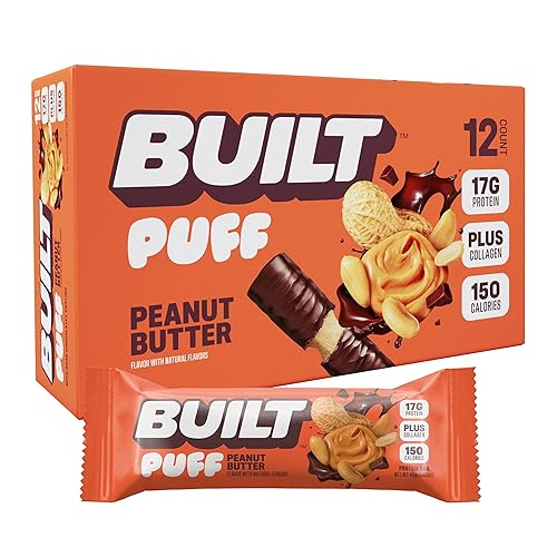 Built Bar, Barras de proteína Puff, sabor mantequilla de maní Puff, aperitivos con 17g de proteína, barras para llevar, solo 150 calorías, 6g de
