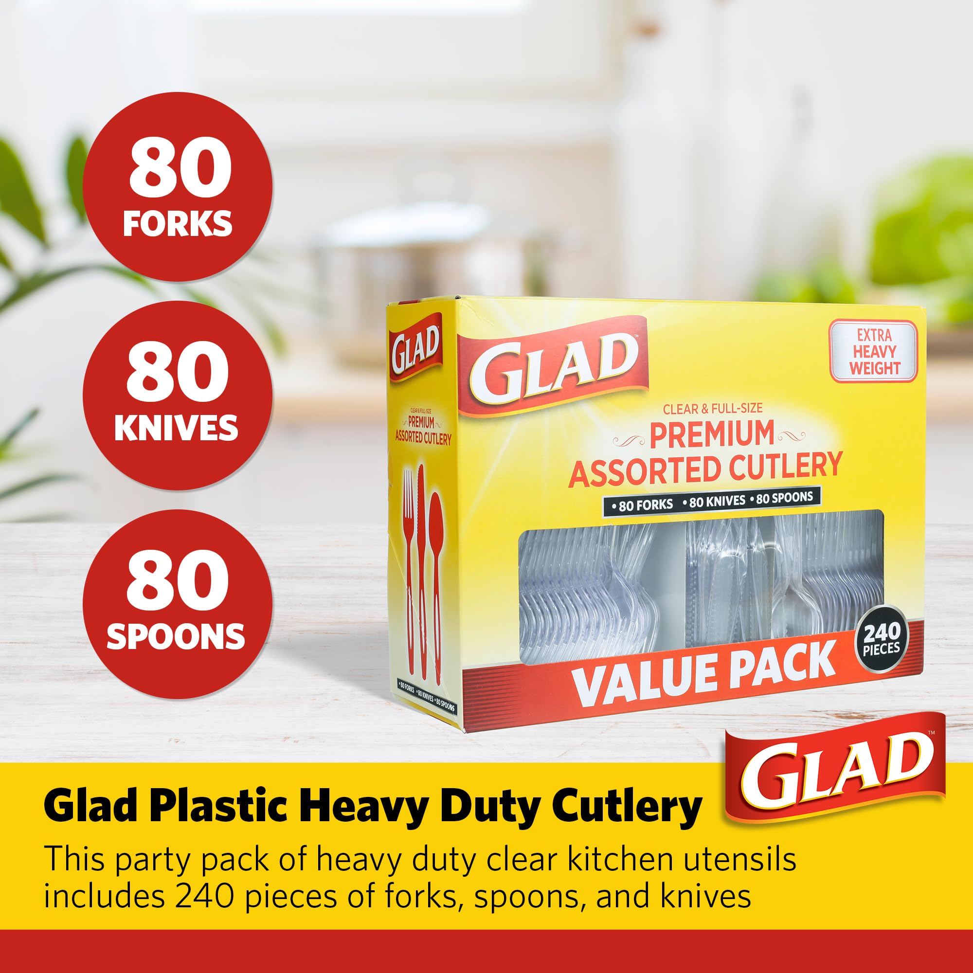 Glad Disposable Cutlery Set - Clear Heavy Duty Plastic Forks, Knives, and Spoons - 240 Piece Plasticware for Parties - Durable, Sturdy Recyclable Utensils - Great for July 4th, Thanksgiving, Christmas