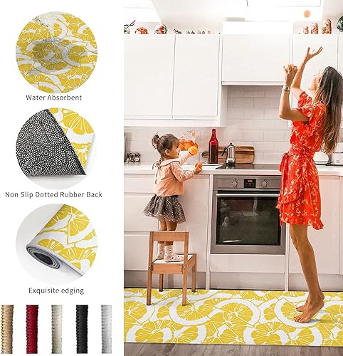 Miniatura 6 de Kitchen Rug Mats Set of 2 Piece Lemon Slices Yellow Texture Non Slip Cushioned Rug Summer Fruit Anti-Fatigue Washable Comfort Floor Mat Carpets Home