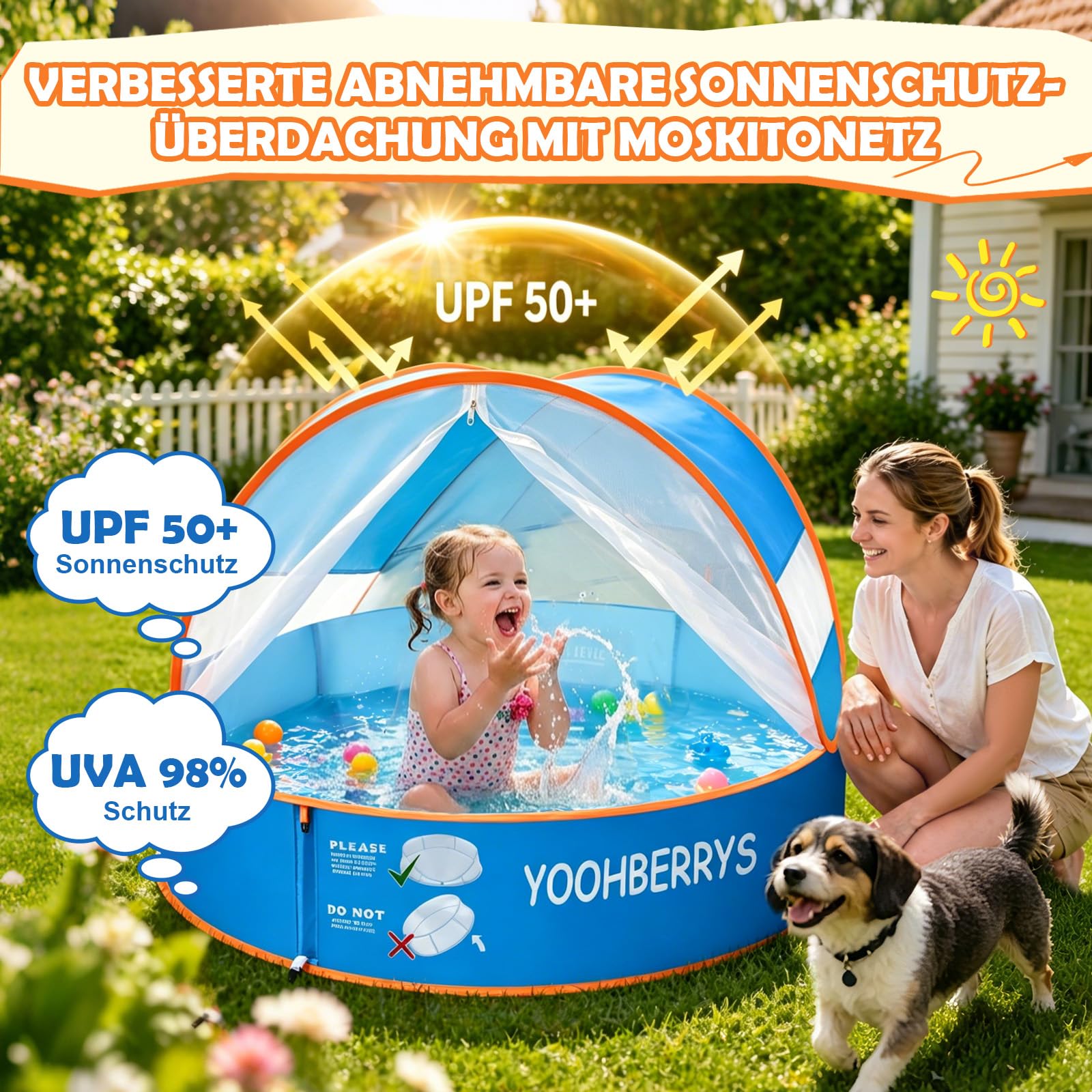 YOOHBERRYS 4-in-1 Pop Up Baby Planschbecken, Strandmuschel Baby mit UV Schutz SPF 50+, Strandzelt Babys mit Moskitonetz, Tragbare Spielzelt Bällebad für Picknick Garten Strand