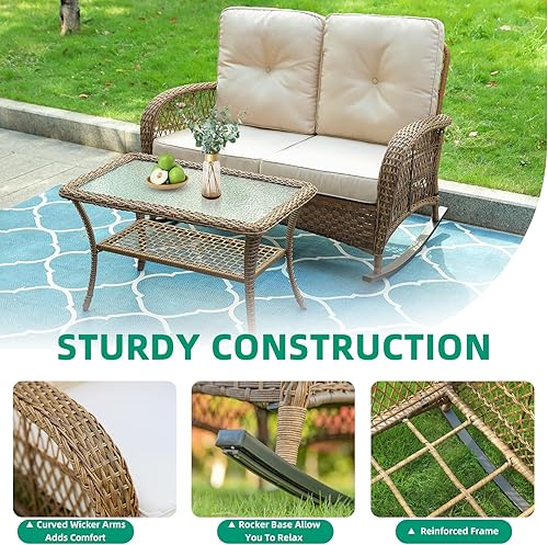 Miniatura 7 de VIVIJASON Mecedora de mimbre para exteriores con mesa auxiliar, juego de sofá mecedor de ratán para 2 personas con cojines gruesos, mecedora de sofá