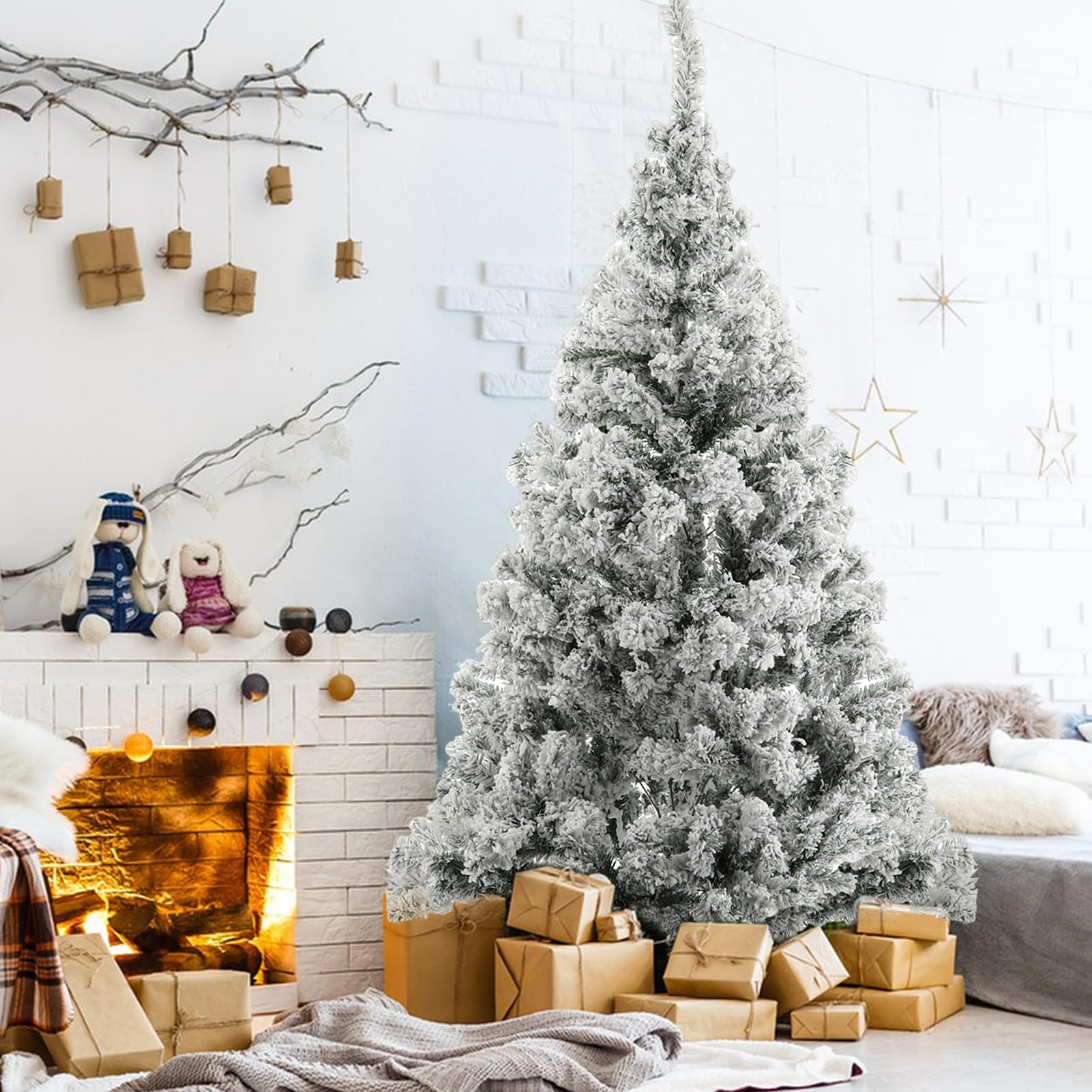 6Ft White Christmas Tree Snow Flocked Artificial Tree with Metal Stand, Snow Christmas Tree Xmas Trees for Xmas Christmas Holiday Decoration Easy Assembly 180cm
