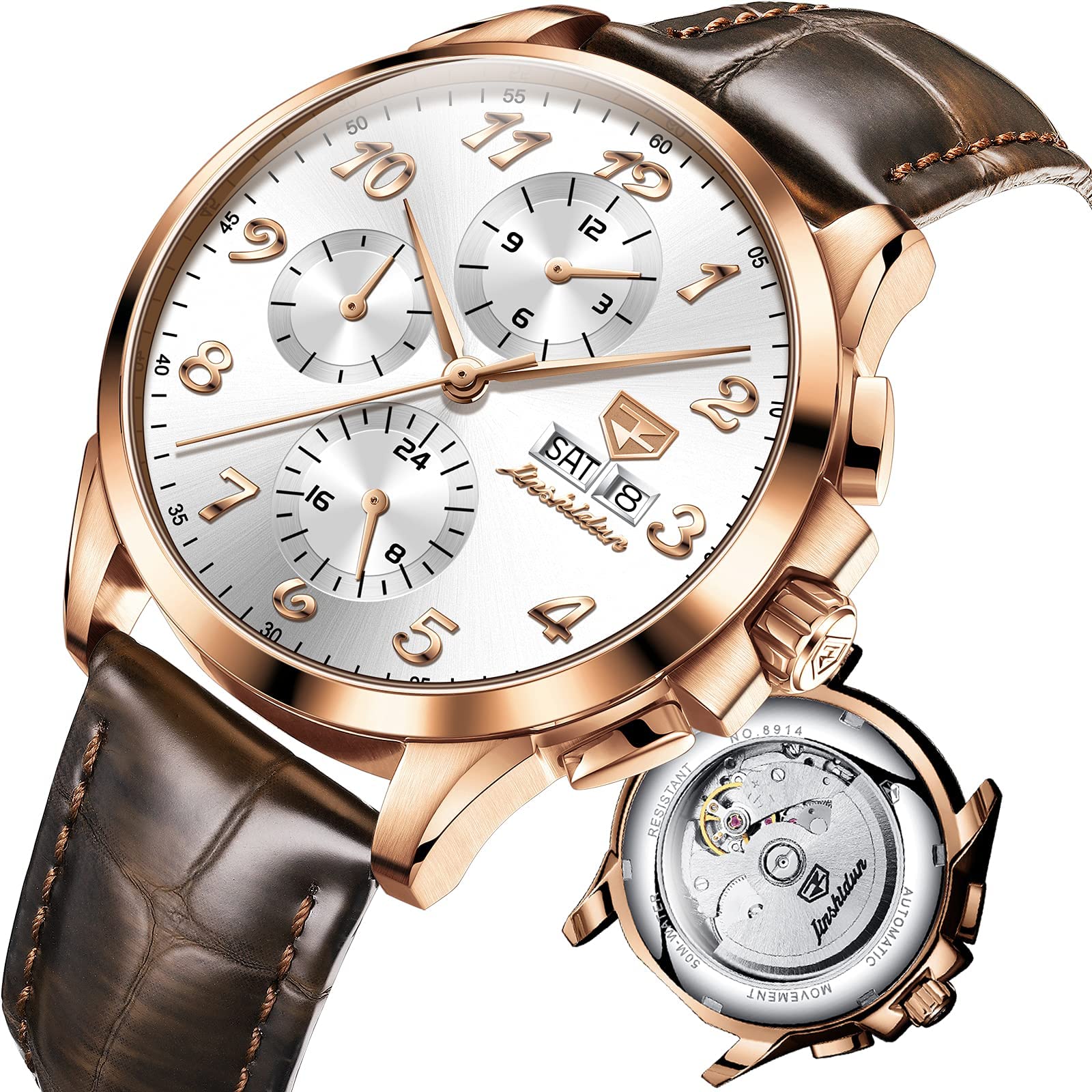 Mens Automatic Watches Silver Bezel Stainless Steel Luxury Dress Mechanical Moon Phase Waterproof Wrist Watches for Mens Multi Date