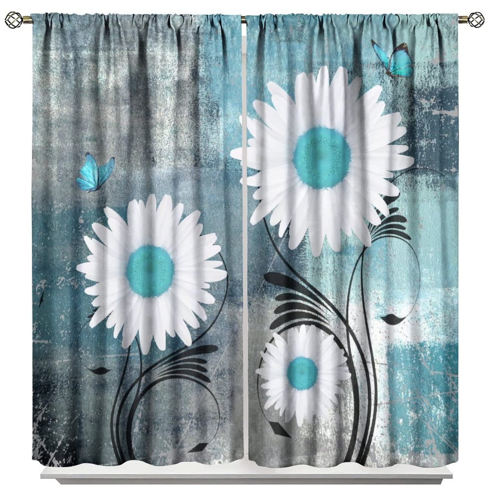 Rustic Daisy Window Curtains,Farmhouse Floral Flowers Retro Farm Style Living Room Bedroom Kitchen Bathroom Home Decor Blackout Drapes W63xL72in