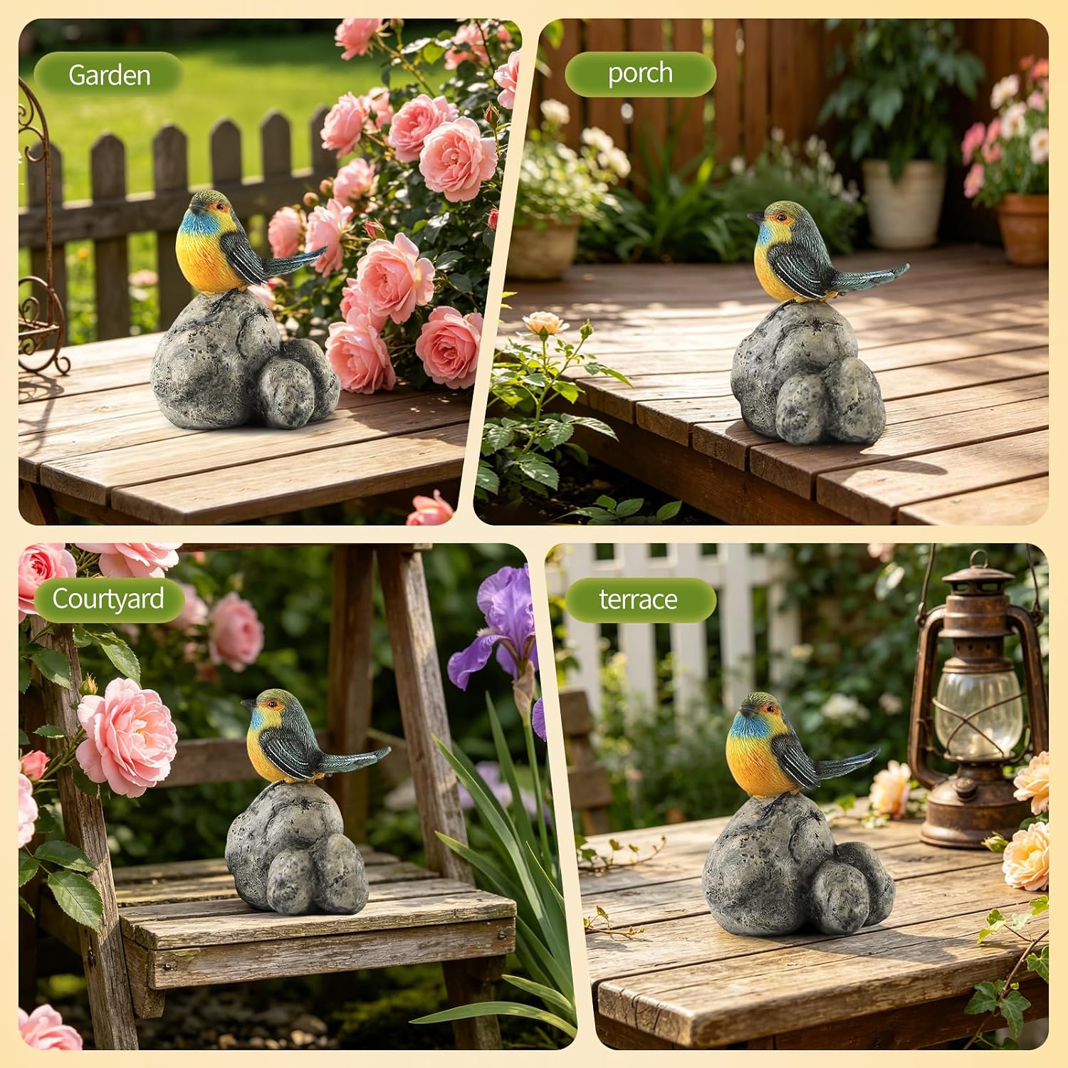 Colorful Resin Bird Figurine on Rock Base, Lifelike Bird Statue for Desktop Shelf Garden Patio Balcony or Indoor Outdoor Rustic Nature Home Decor