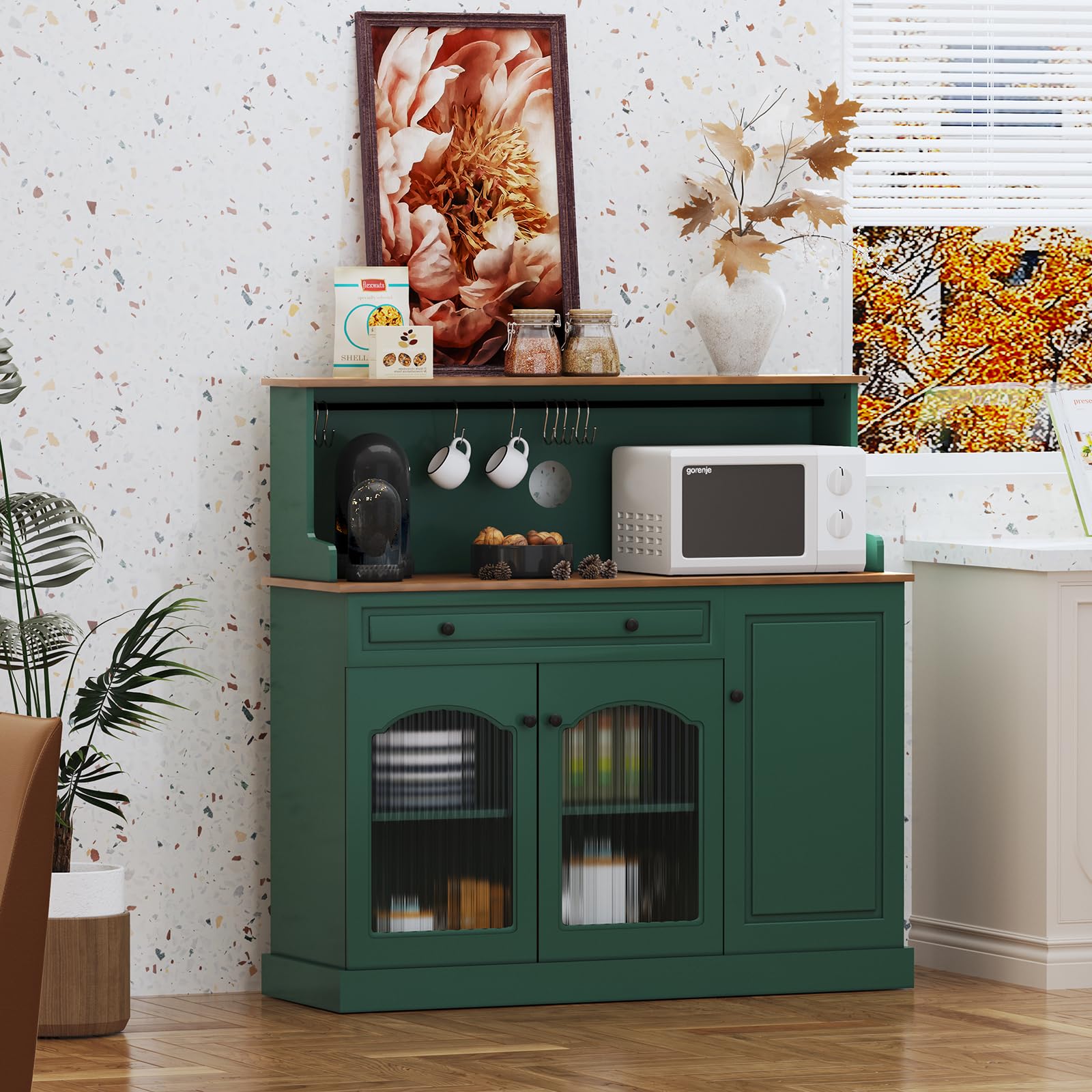 HOLTICO Vaisselier Buffet de Cuisine avec Plan de Travail, Meuble pour Micro-Onde et Bar à Café, avec Armoire de Rangement, Tiroir et Étagères, pour Salle à Manger, Salon, 120 x 120 x 40 cm, Vert