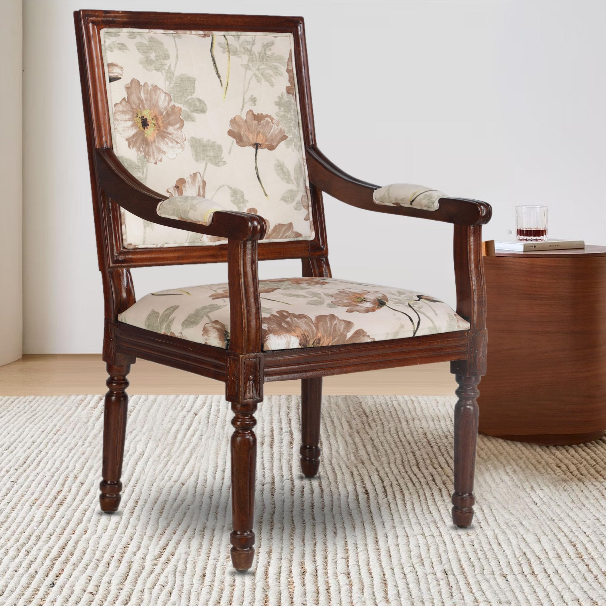 Globally Indian Solid Wood Dinning Chair in Floral Print