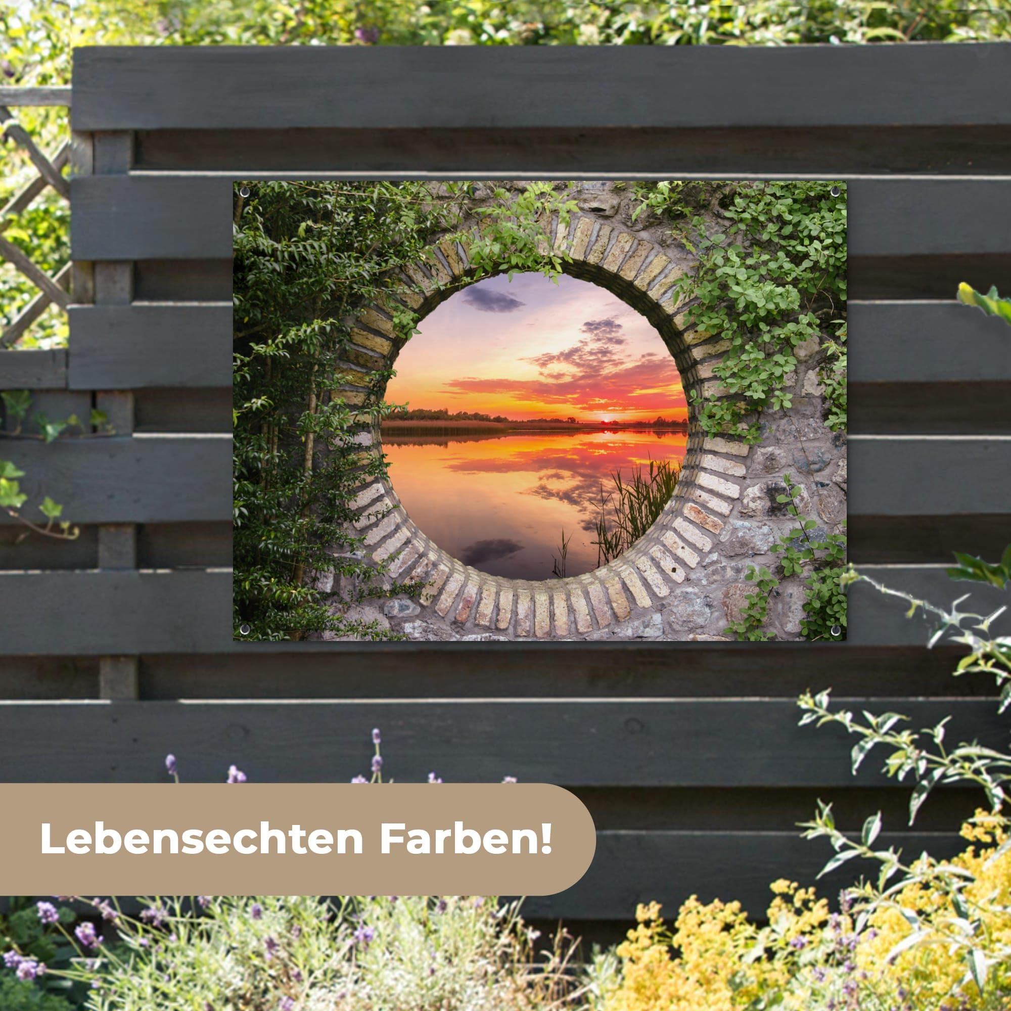 MuchoWow© Gartenposter Outdoor Bilder Gartendeko für draußen Wetterfest | 120x90 cm - Garten Deko Banner Sichtschutzmatte Draußen Bild Meer - Sonnenuntergang - Ausblick