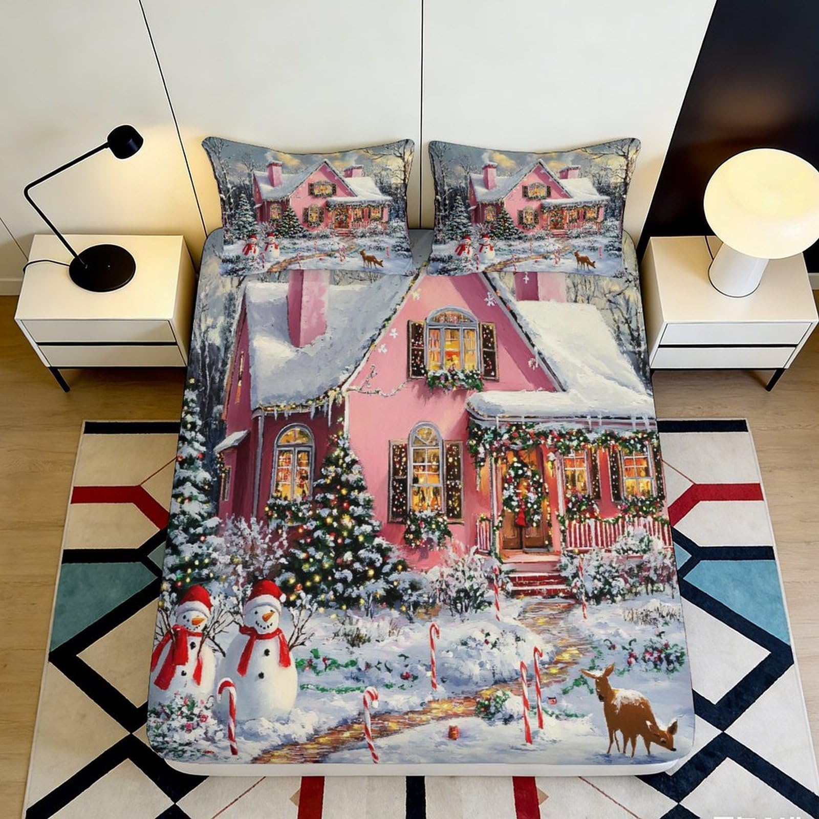Jqzkxnhpbr Style-8 3D Printed Christmas House Fitted Sheet Microfiber Snowman Winter Scene Mattress Cover For Bedroom Guest Room Decor 90X200x25cm