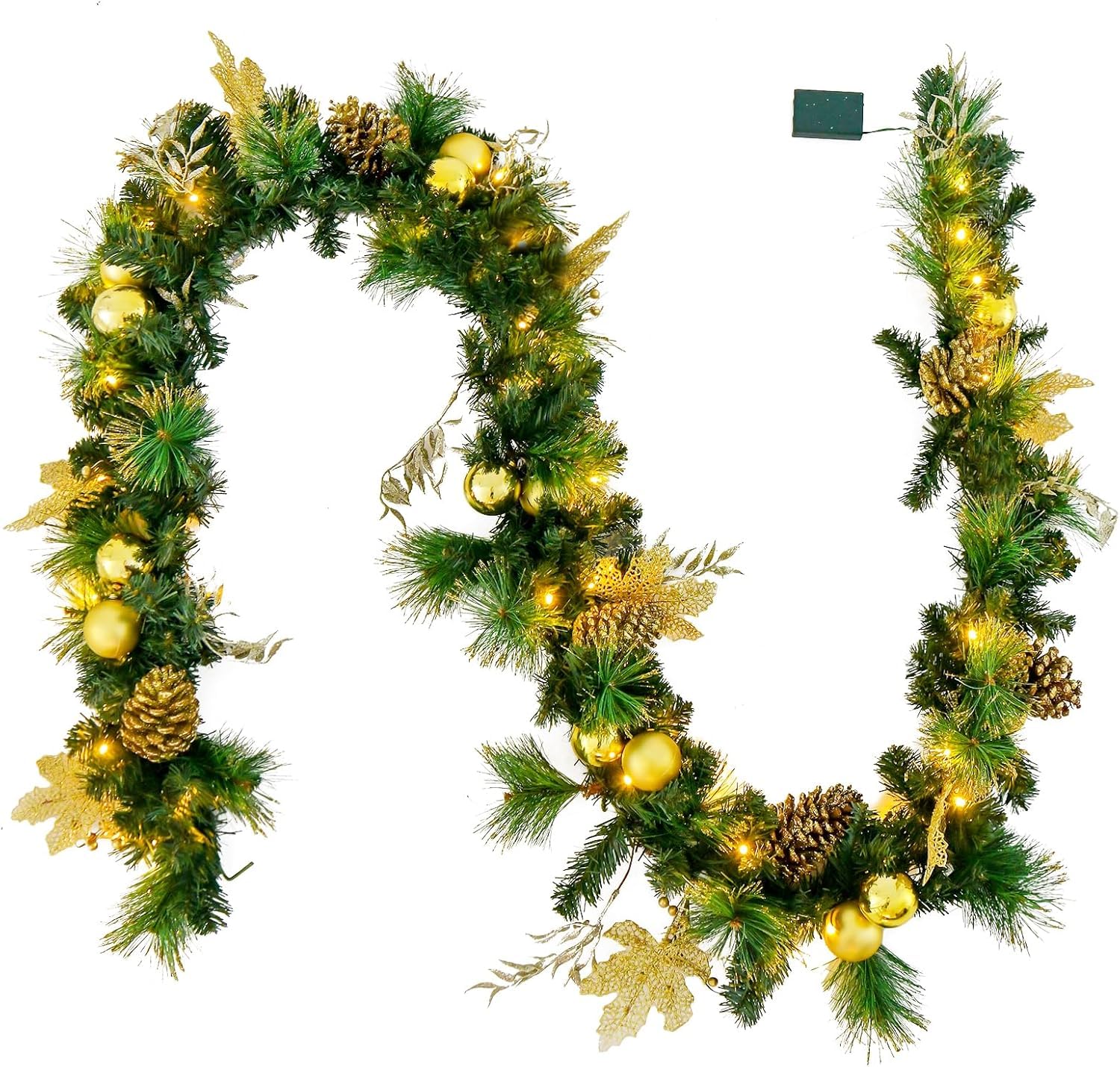 GOPLUS Guirnalda de Navidad Decorativa 270 cm, Guirnalda de Abeto Artificial con 50/100 Luces LED y Función de Temporizador, Decoración Navideña para Escalera Chimenea (Dorada)