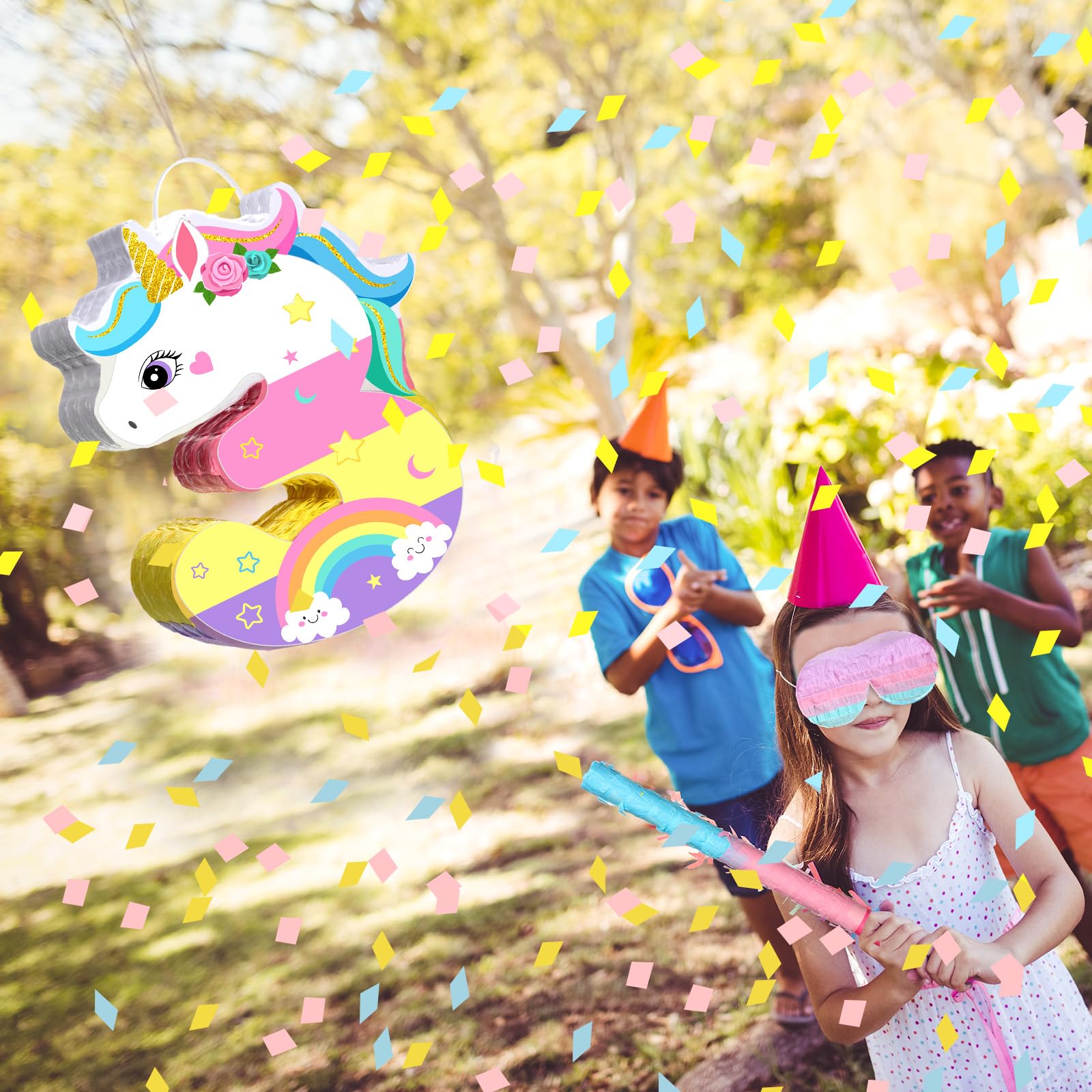 Pinata de Licorne pour 3ème Anniversaire de Fille Pinata en Forme de Numéro 3 avec Bâton Bandeau des Yeux Confettis pour Décorations de Fête de 3ème Anniversaire