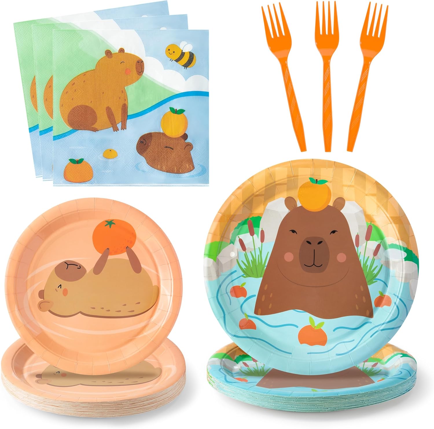96Pcs Capybara Cute Cartoon Animal Orange Party Plates Supplies Tableware Decorations Disposable Paper Plates Napkins Forks for Kids Birthday Baby Shower, Serves 24