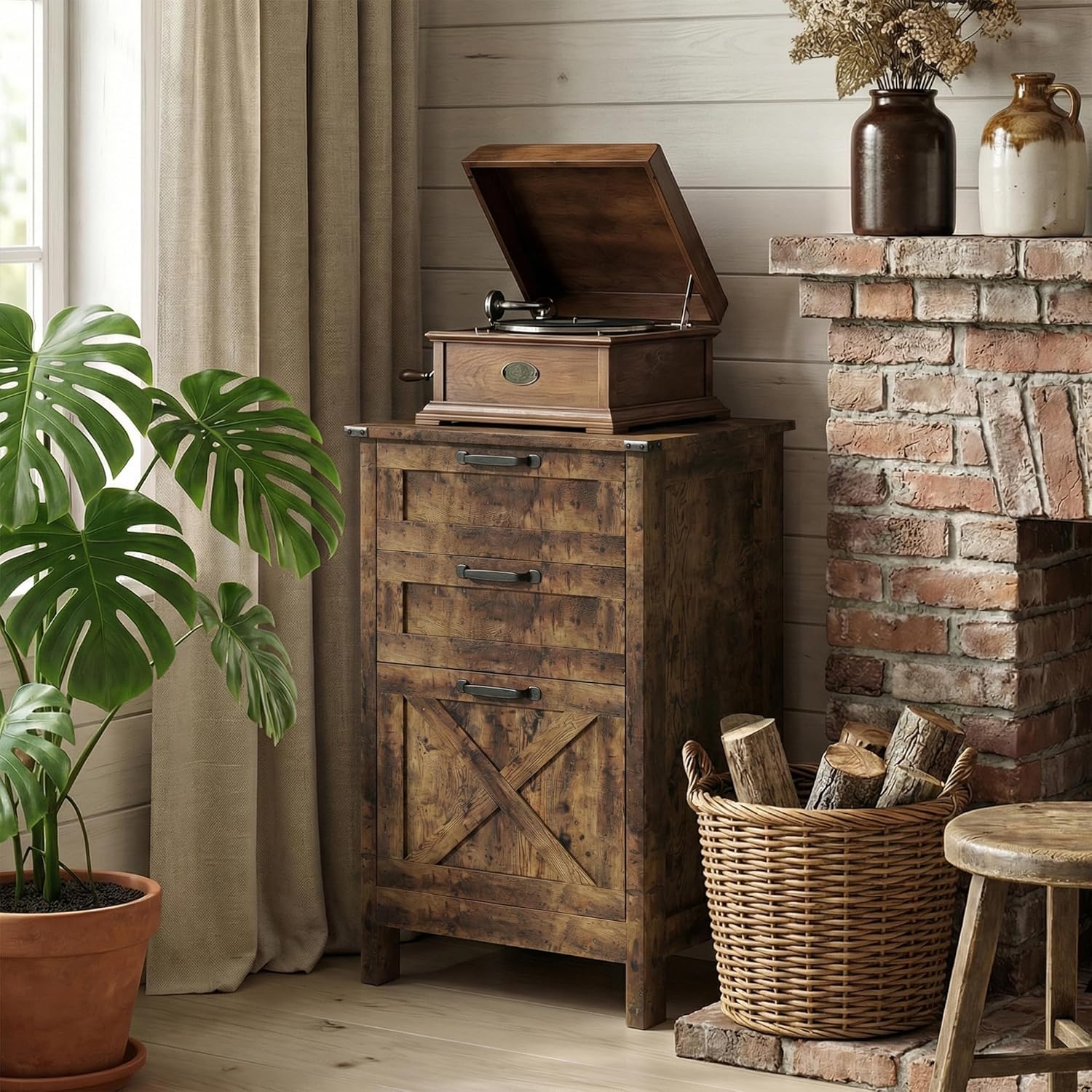 3 Drawer Farmhouse File Cabinet, Vertical Filing Cabinet, Large Wood File Storage Cabinets for 100 Files, Under Desk Small Wooden Printer Stand for Home Office, Rustic Brown