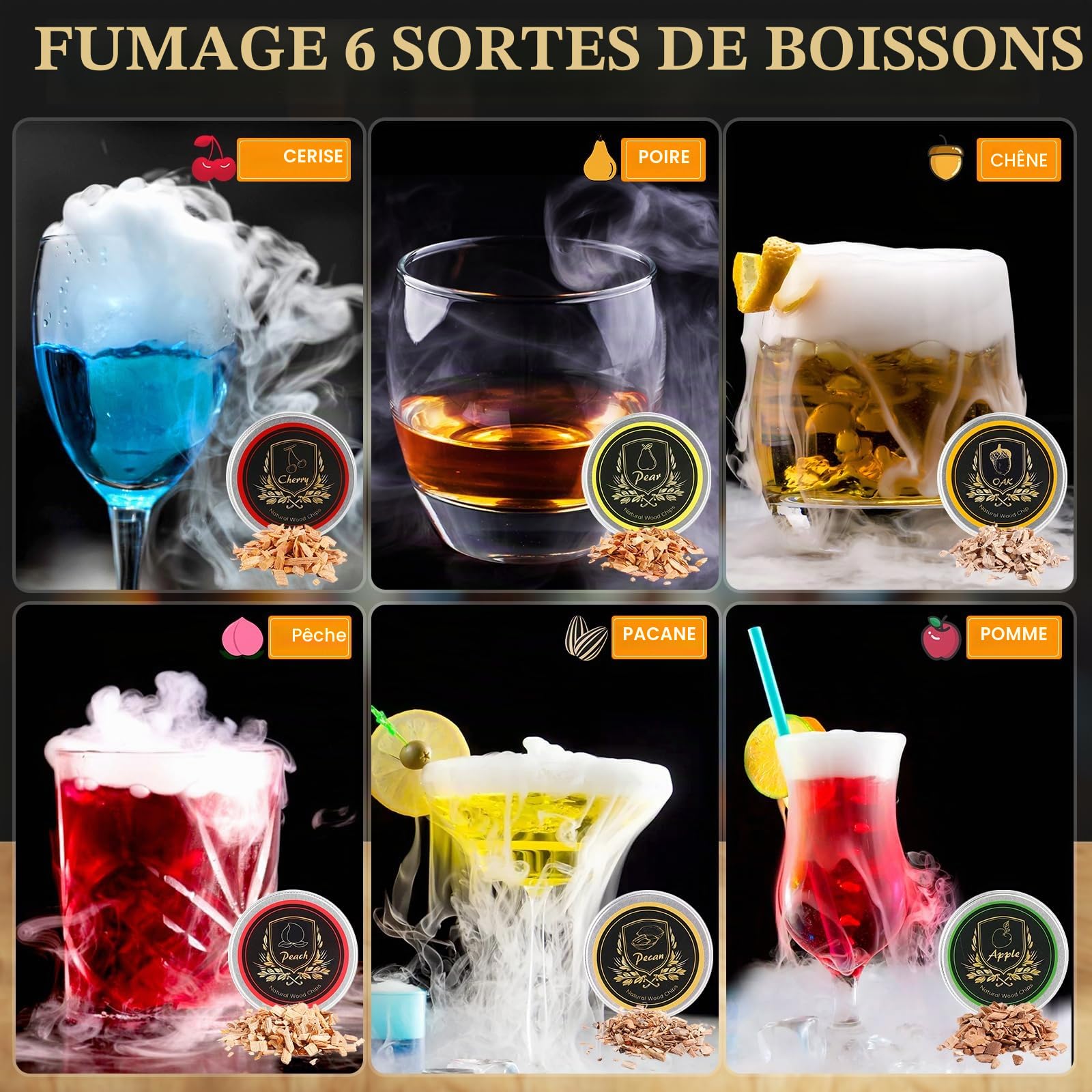 Kit fumoir à whisky avec torche, 2 verres, 6 saveurs de copeaux de bois, 2 moules, infuseur traditionnel, cadeau père, mari