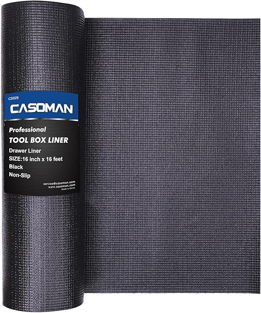 CASOMAN Professional Tool Box Liner and Drawer Liners, Easy Cut, Non Slip Rubber Matting Roll, Toolbox Foam Liner Mat - Thick Cabinet Liners, Black, 16 inch (wide) x 16 feet (long)
