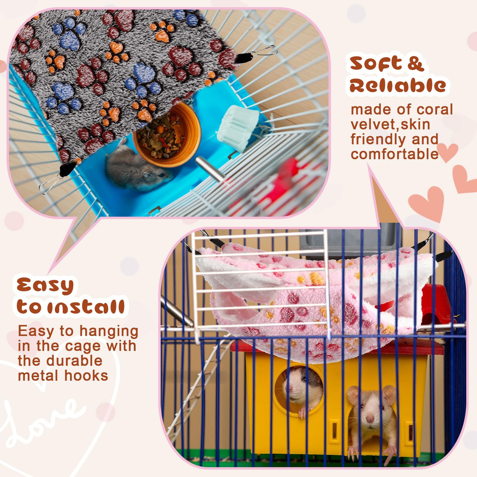 Photect 6 Stück Meerschweinchen Hängematten für Ratten Frettchen Hängematte für Kleintier Weich Warmes Fleece Haustiere Käfig Zubehör Hängende Kleintierbetten für Schlafen Hamster