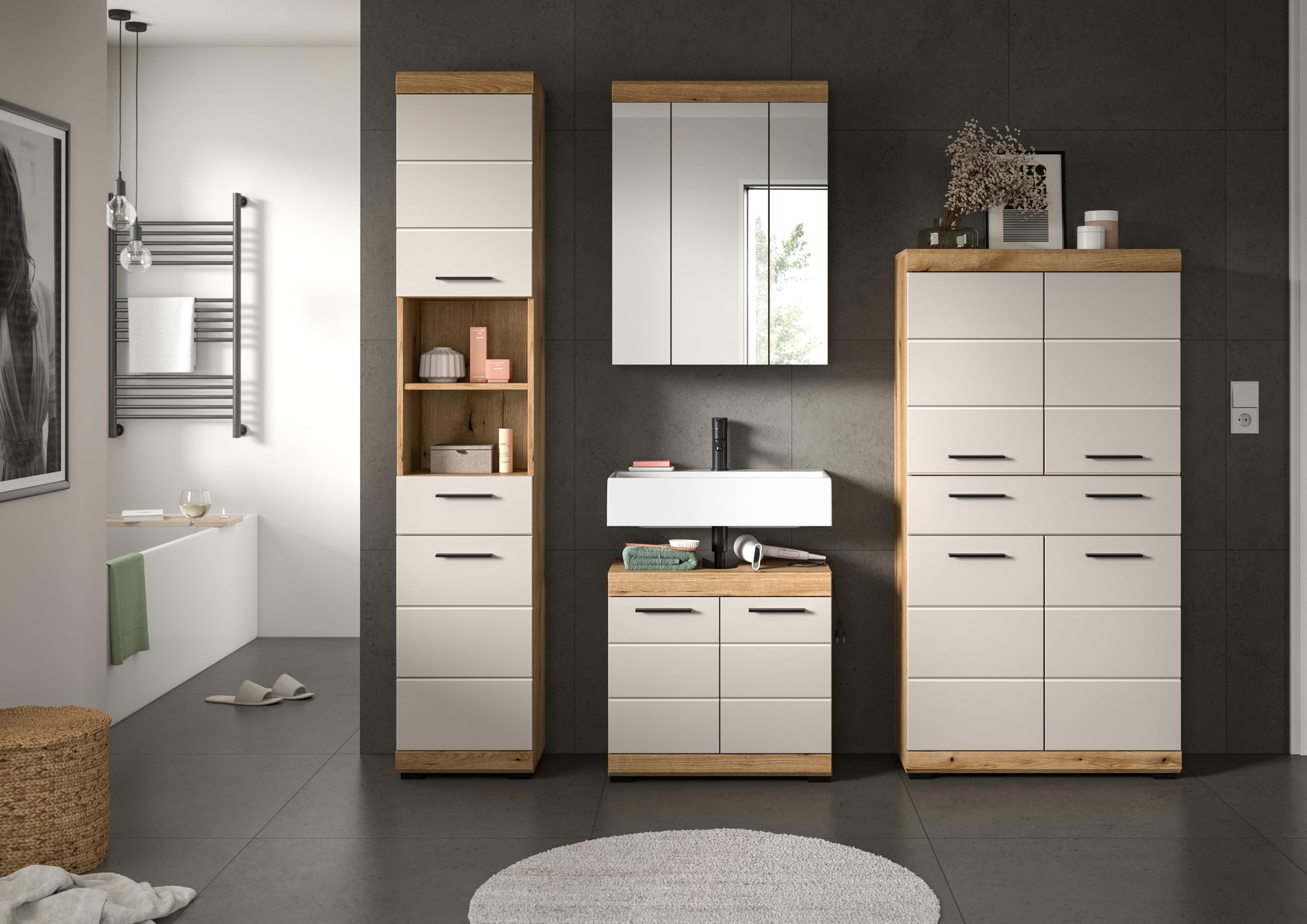 xonox.home – Badkombination Scout 201x191x34 cm in Evoak Oak und Kaschmir Nachbildung matt – Geräumiges Badmöbel-Set mit eleganter Farbgebung – edel – Bild 6