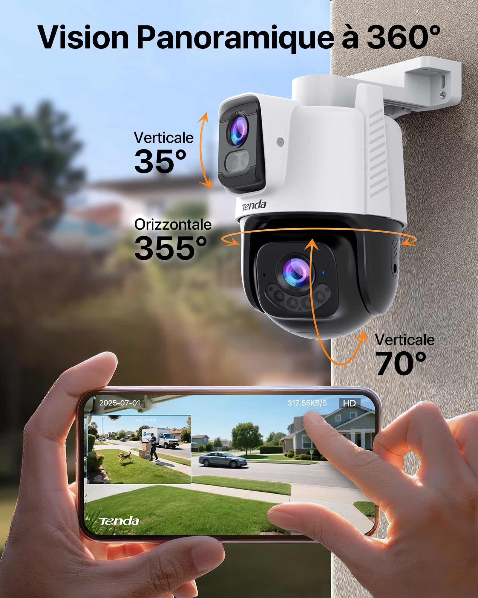 Tenda CH9 Caméra Surveillance WiFi Extérieure Double Objectif 2K+2K, Wi-FI 6 PTZ 360°, Mode Patrouille, Vision Nocturne Couleur, Alarme Sonore/Lumineuse, Détection Humaine/Véhicule, IP65