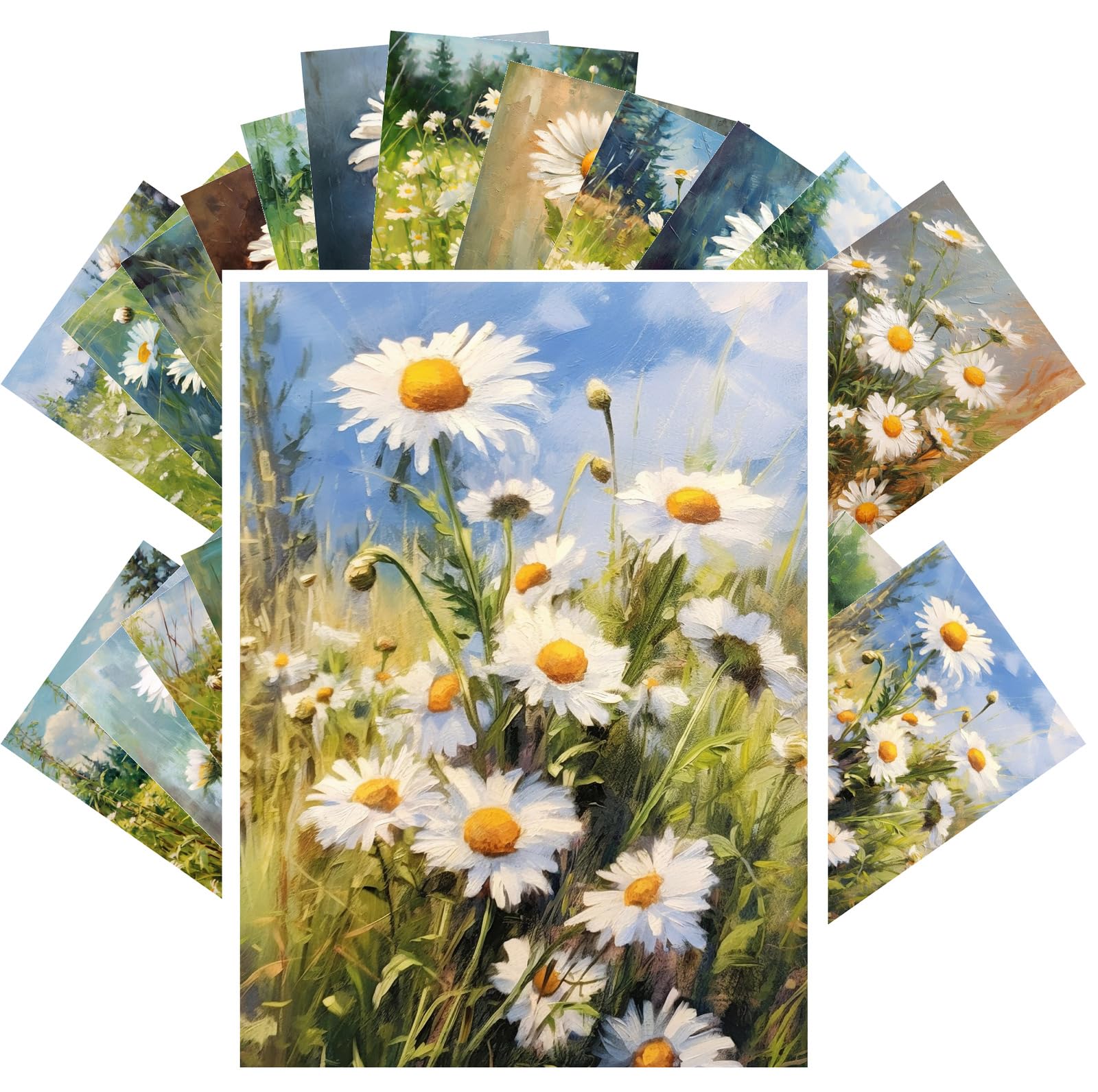 PIXILUV Serene Daisies Dance: An Artistic Journey Through Fields of White Petals and Green Foliage in Oil, Perfect for a Tranquil Postcard Collection