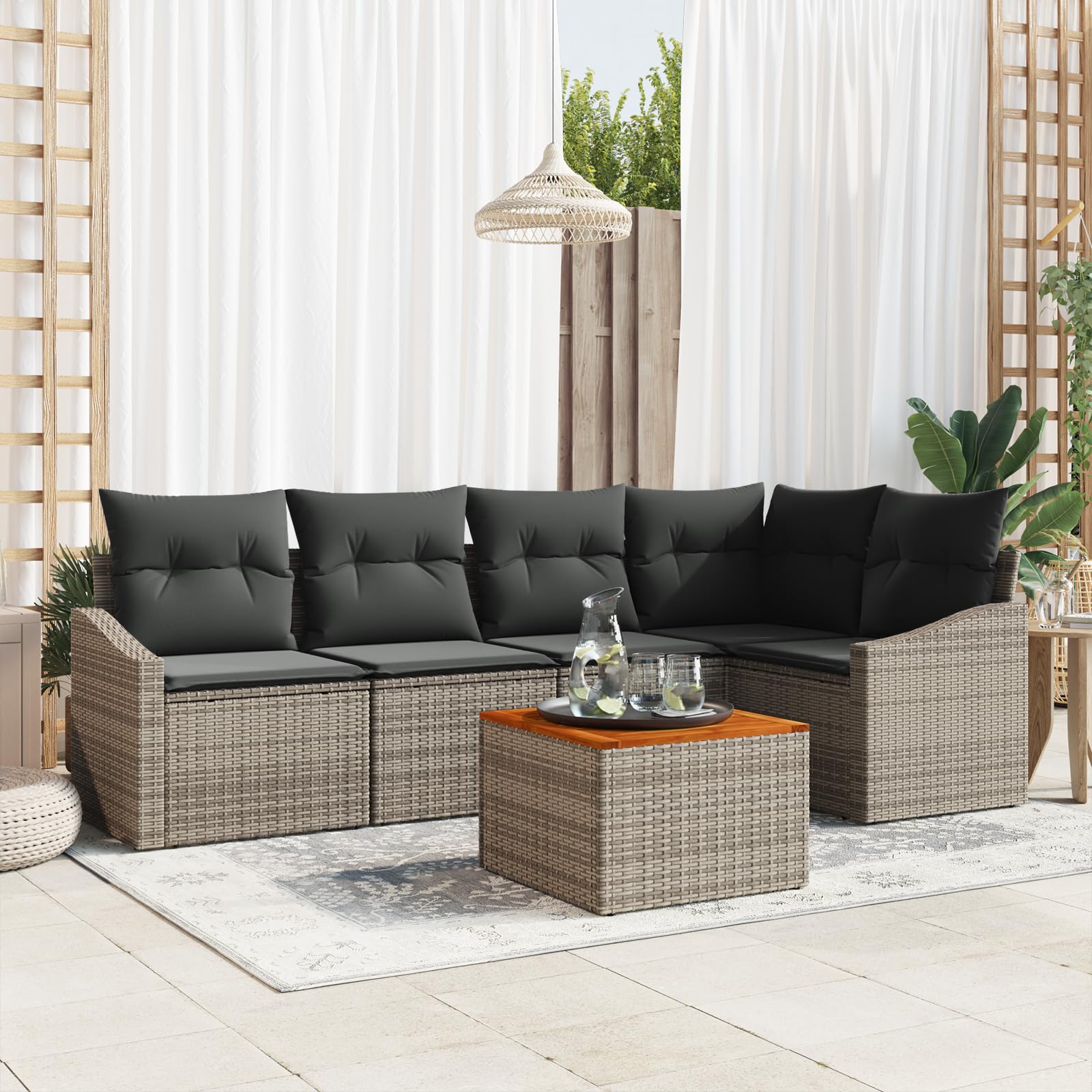Juego de 6 sofás de jardín con cojín gris de polirratán de acacia para exteriores, juego de muebles de jardín, resistente a la intemperie