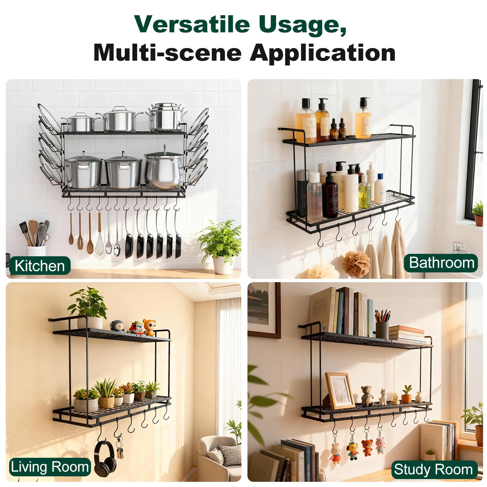 Housolution Rangement Casserole Mural, Longueur Extensible de 57 à 77 cm, Hauteur Réglable sur 3 Niveaux, Robuste Range Poele Porte Couvercle avec 12 Crochets Verticaux et 8 Porte-Couvercles