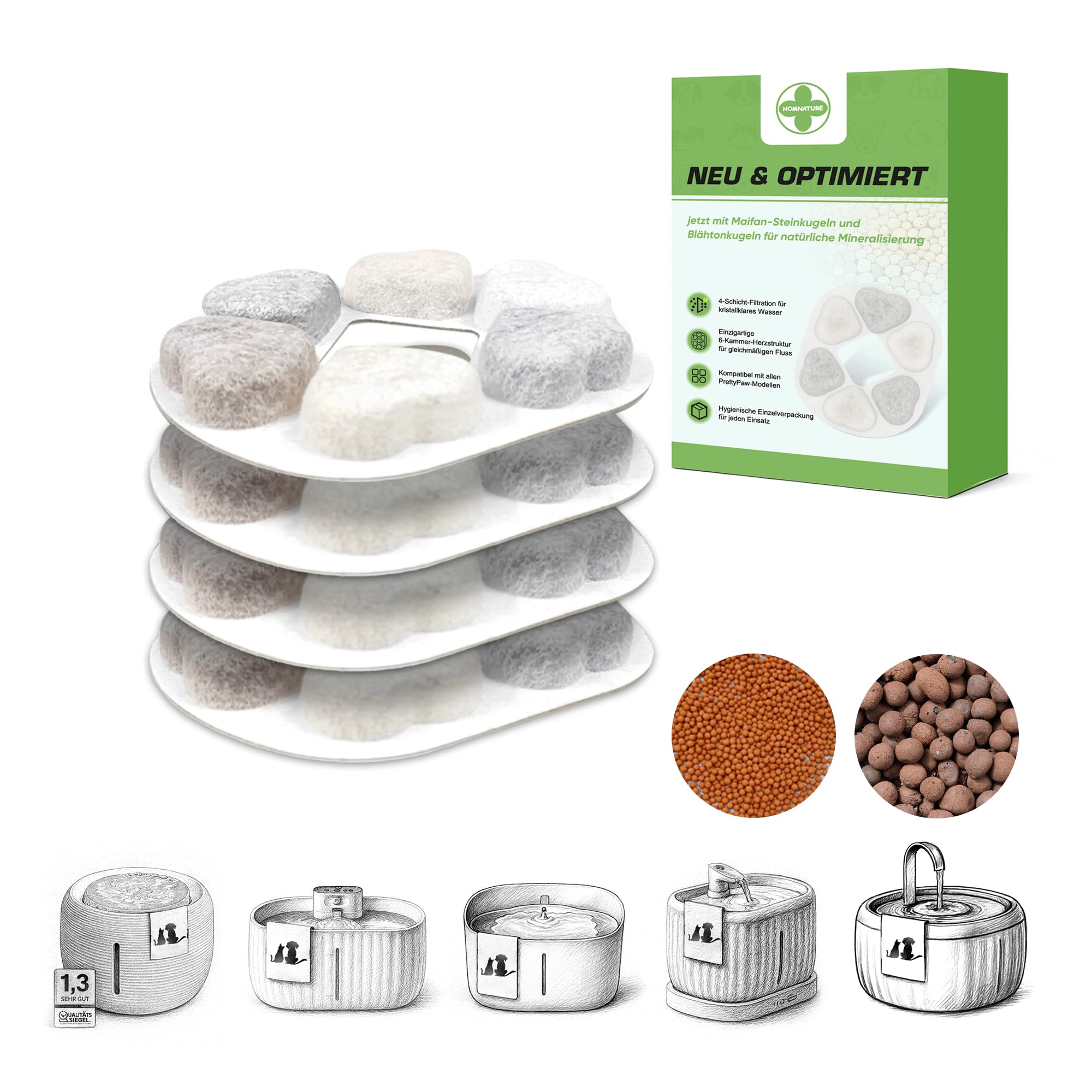 HOMNATURE 24 x Katzenbrunnen innovatives Austauschfilter-Set – Kompatibel mit PrettyPaw Modellen – Herz-Design – Sechs Filterpunkte mit hochdichter Aktivkohle