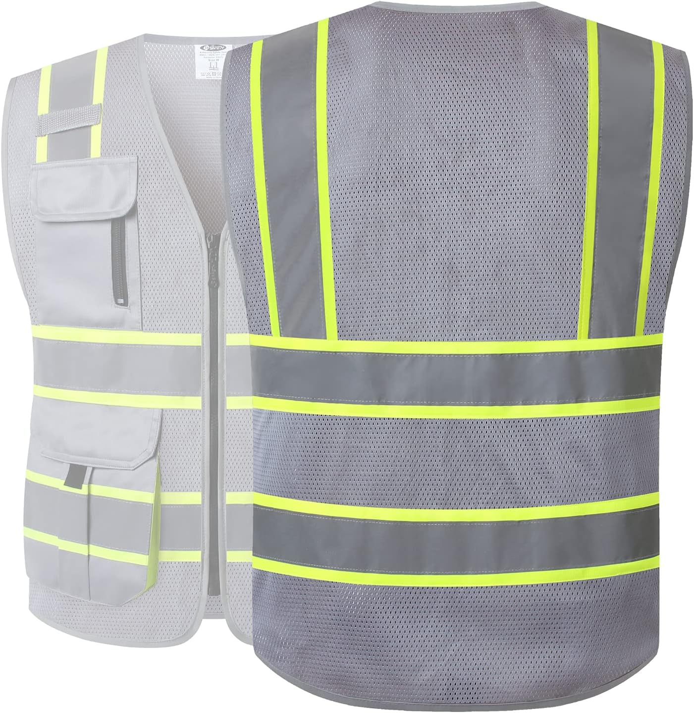 JKSafety 9 Pockets Hi-Vis Mesh Safety Vest for men and women | Chaleco reflectante de seguridad | Zipper Front | Multiple Pockets | Class 1 (140-Grey L) - Image 2