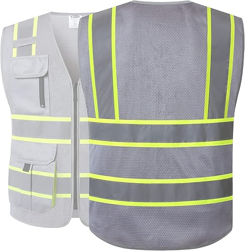 Miniatura 6 de JKSafety Chaleco de seguridad de malla de alta visibilidad con 9 bolsillos para hombres y mujeres, chaleco reflectante de seguridad, cremallera