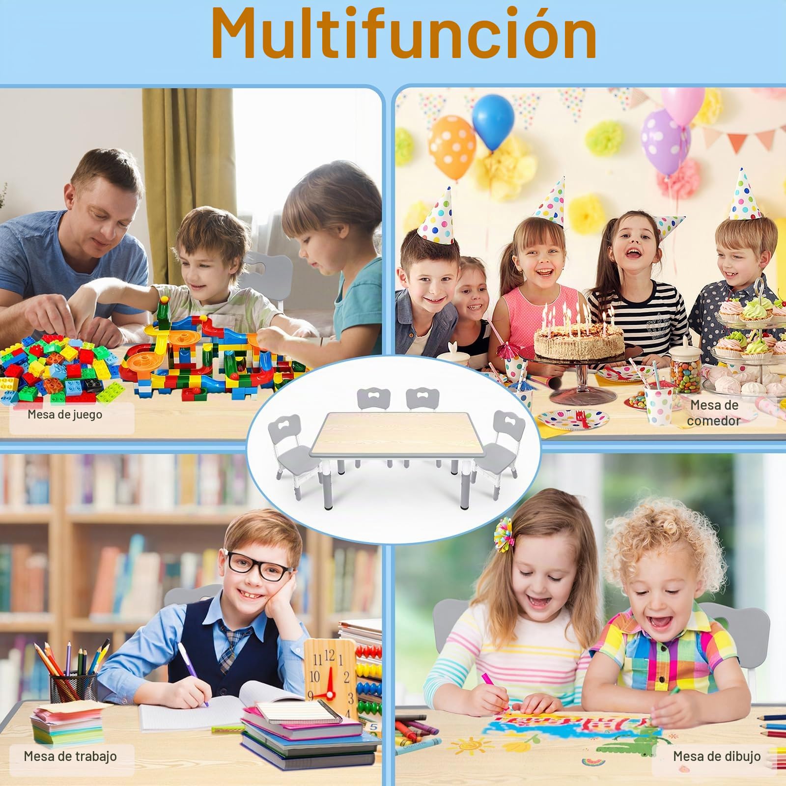Aufun Mesa para niños con 4 sillas, Grupo de Asientos para niños Regulable en Altura, Juego de sillas de Mesa para jardín de Infancia y habitación Infantil, Mesa de Pintura fácil