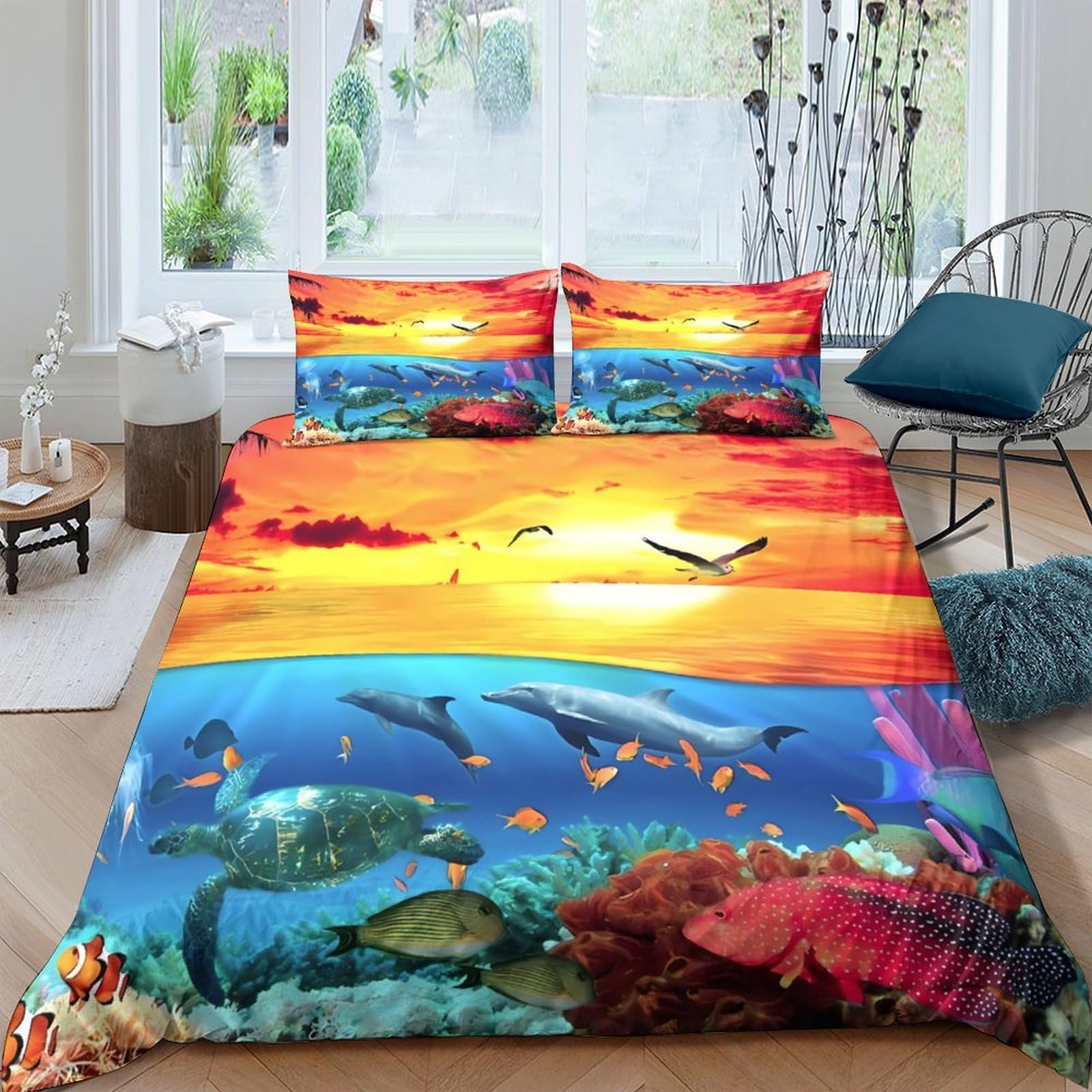 Ctjqhvkz Style-2 3D Printed Ocean Sunset Fitted Sheet Microfiber Soft Breathable Marine Dolphin Mattress Cover Bedroom Decor Single（135X200cm）
